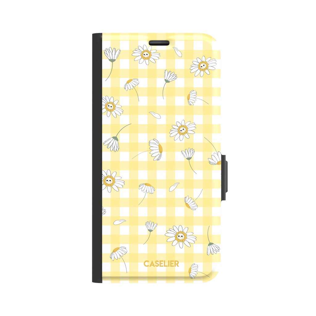 Daisies phone case variant showing white daisy flowers with small smiley faces at their centres on a yellow gingham background, phone case by Caselier — wallet case, front view | Caselier