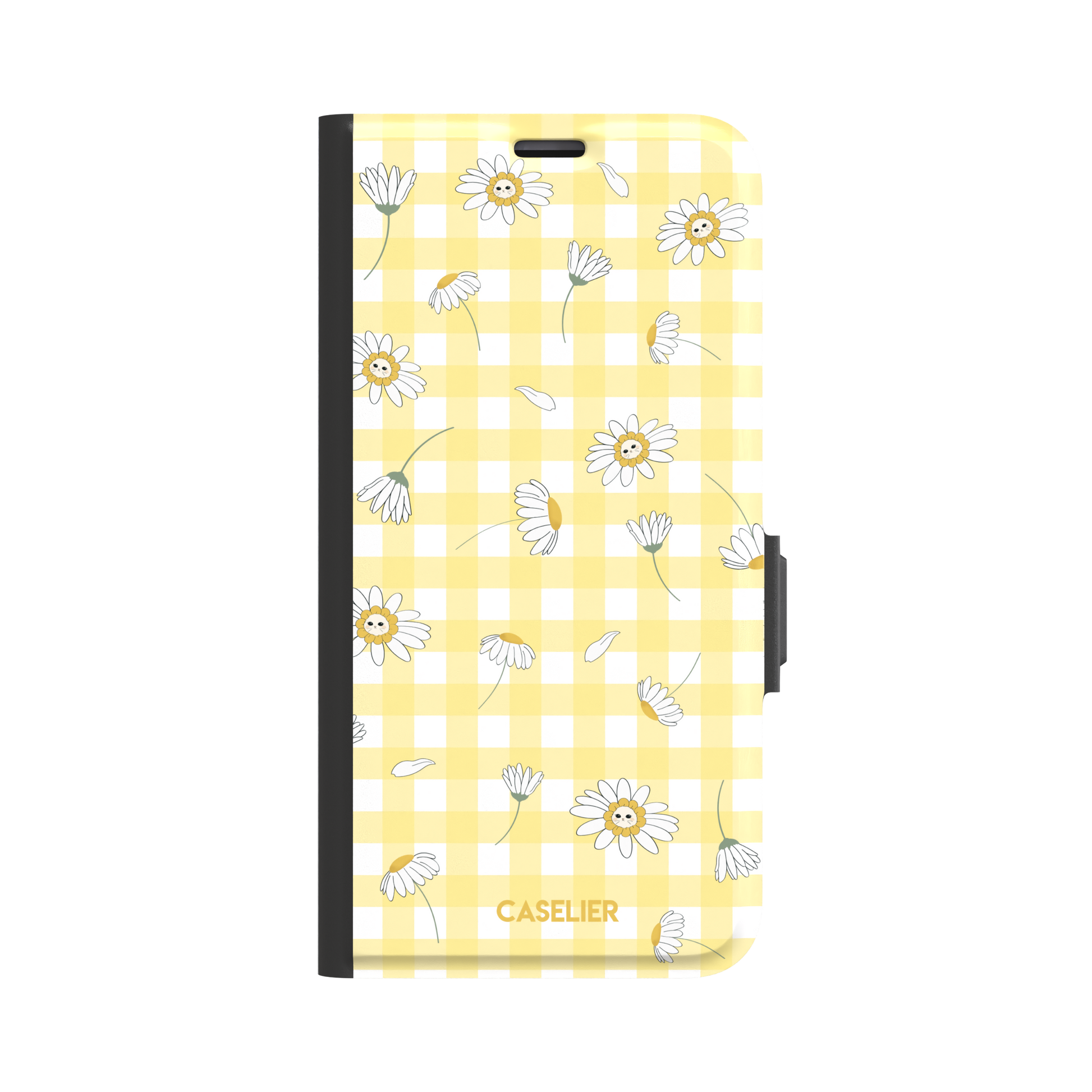 Daisies phone case variant showing white daisy flowers with small smiley faces at their centres on a yellow gingham background, phone case by Caselier — wallet case, front view | Caselier
