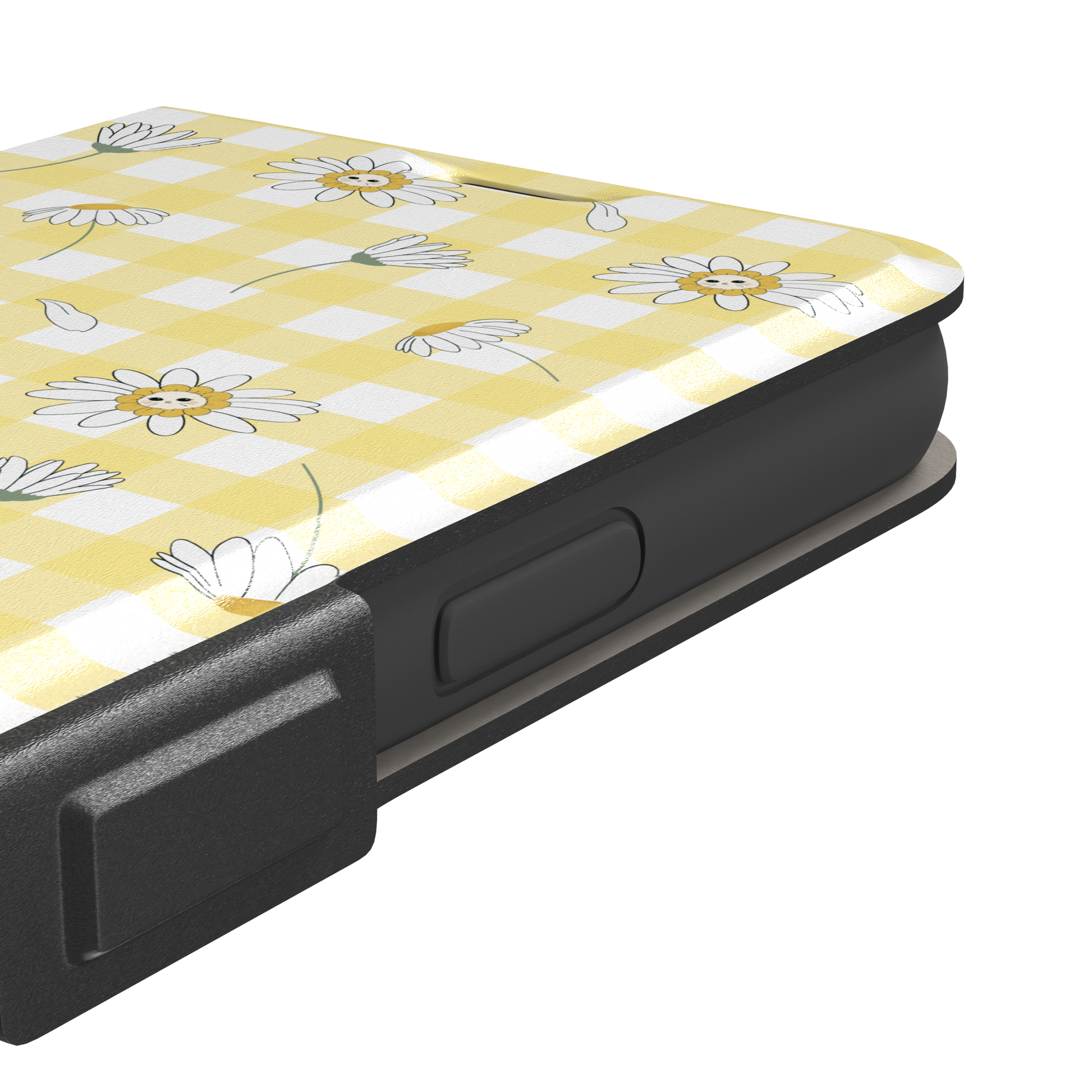 Daisies phone case variant showing white daisy flowers with small smiley faces at their centres on a yellow gingham background, phone case by Caselier — wallet case, volume buttons detail | Caselier
