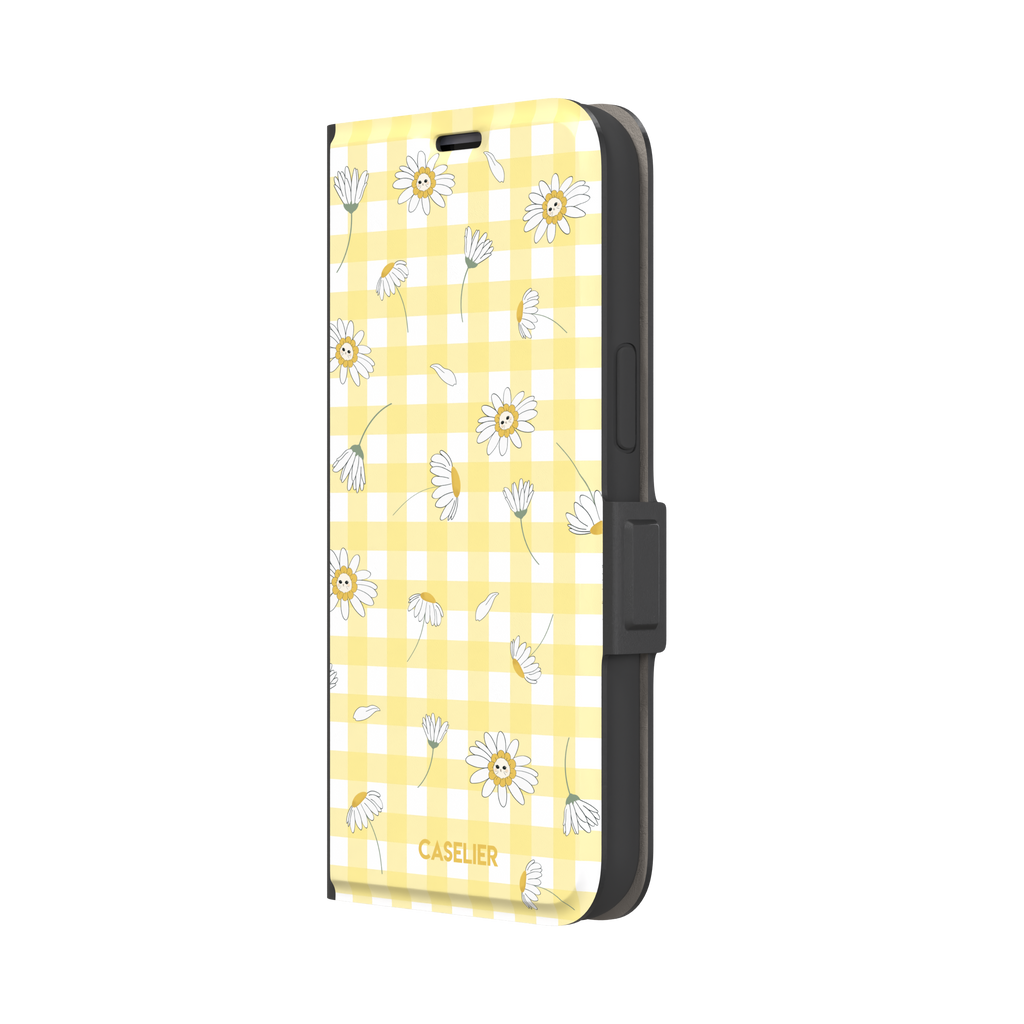 Daisies phone case variant showing white daisy flowers with small smiley faces at their centres on a yellow gingham background, phone case by Caselier — wallet case, right view | Caselier
