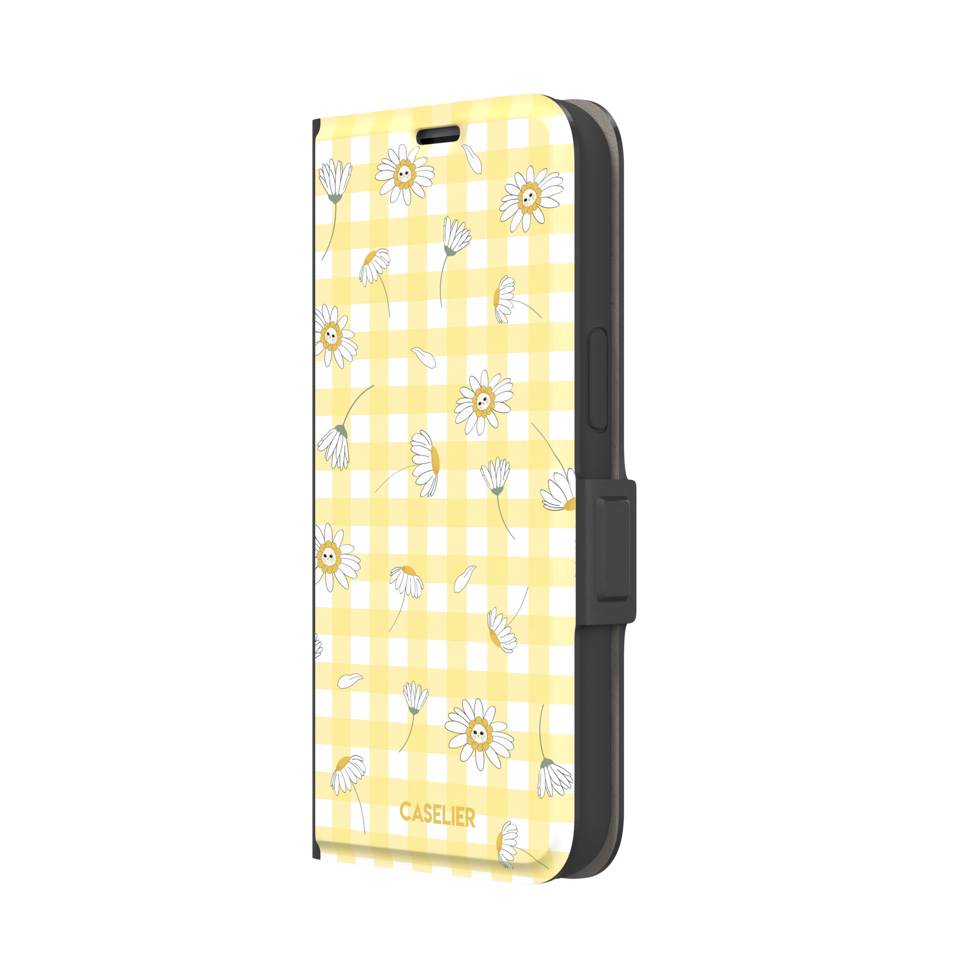 Daisies phone case variant showing white daisy flowers with small smiley faces at their centres on a yellow gingham background, phone case by Caselier — wallet case, right view | Caselier