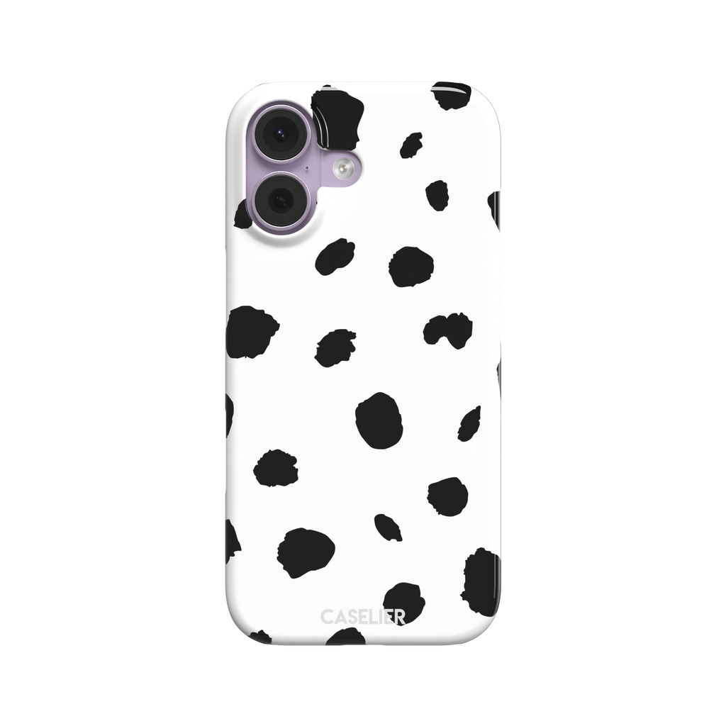 Dalmatian phone case with irregular black spots on a white background, phone case by Caselier — snap case, front view