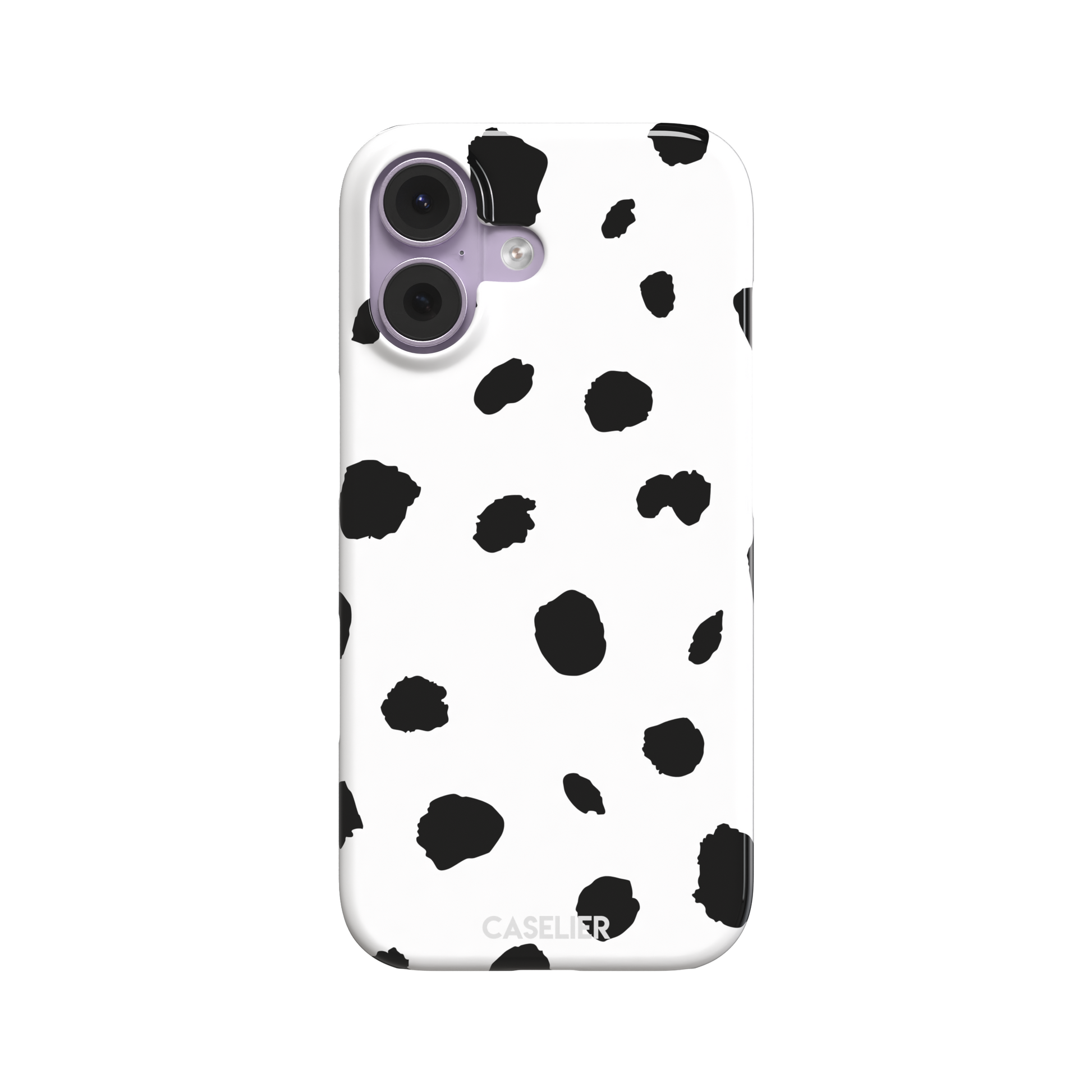 Dalmatian phone case with irregular black spots on a white background, phone case by Caselier — snap case, front view
