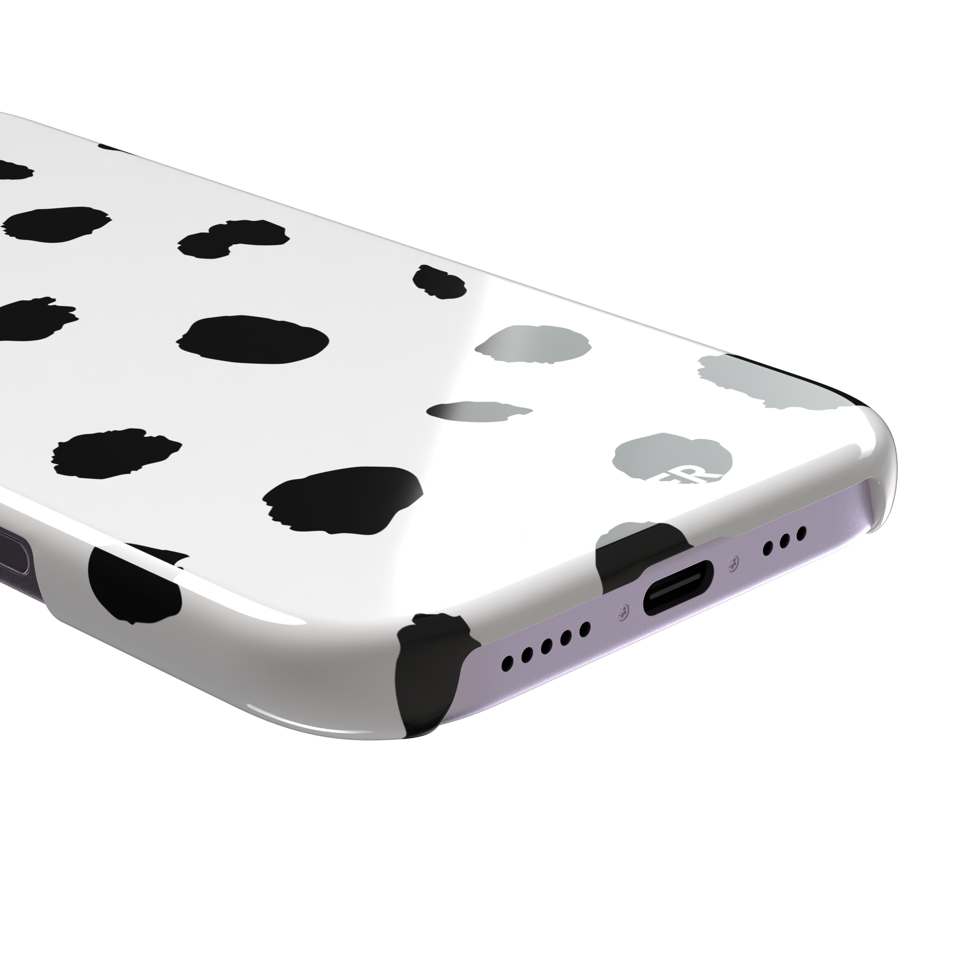 Dalmatian phone case with irregular black spots on a white background, phone case by Caselier — snap case, charging port detail