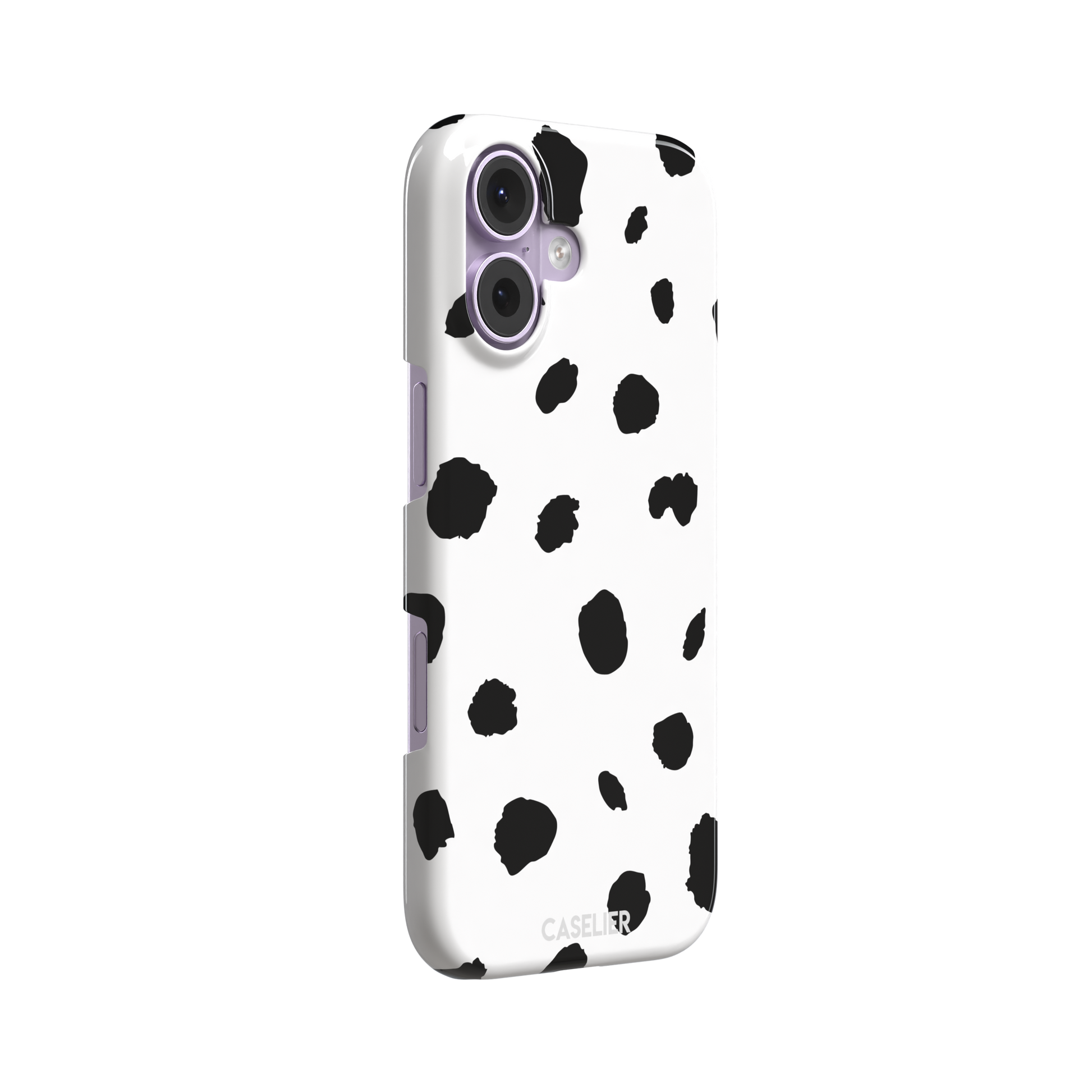 Dalmatian phone case with irregular black spots on a white background, phone case by Caselier — snap case, left view