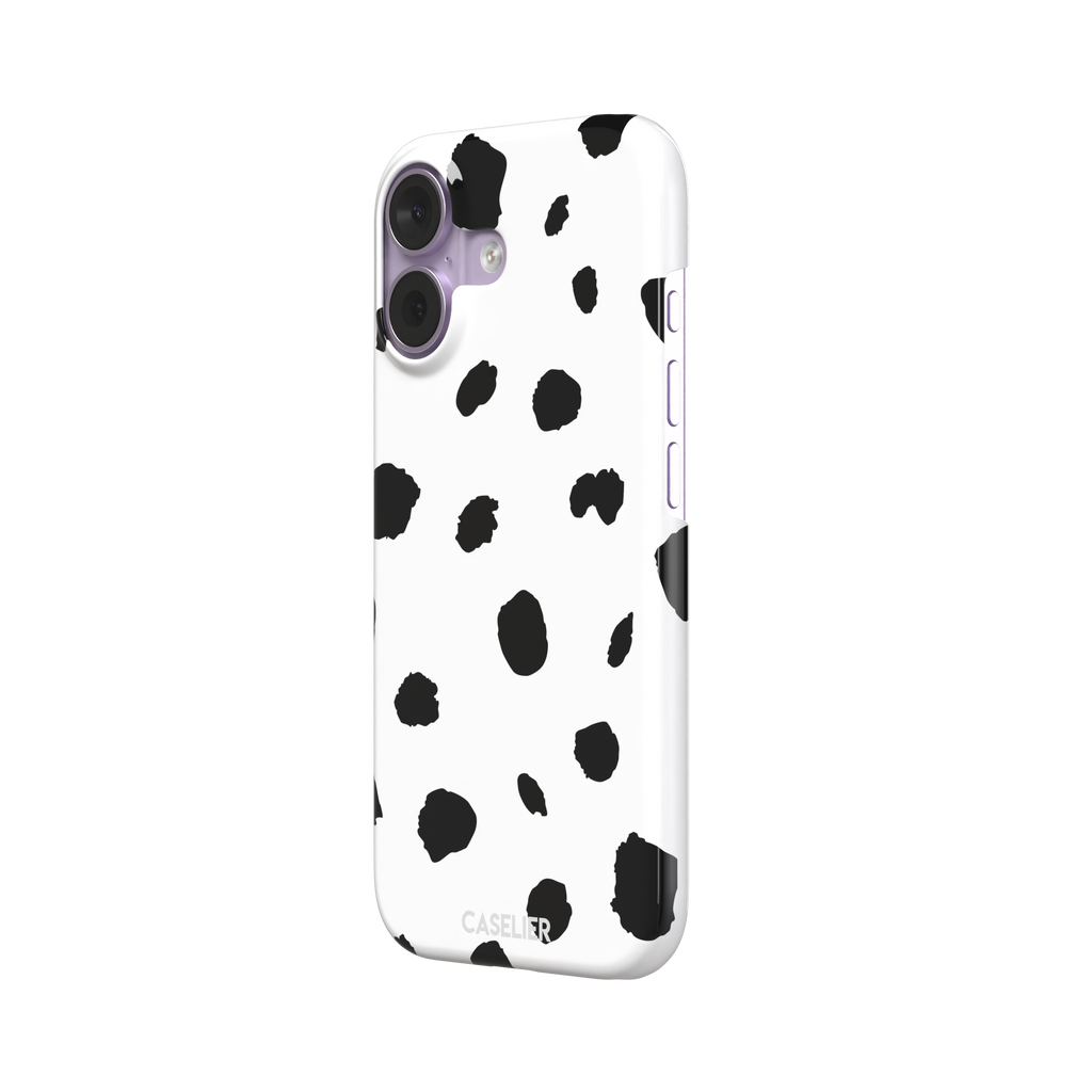 Dalmatian phone case with irregular black spots on a white background, phone case by Caselier — snap case, right view