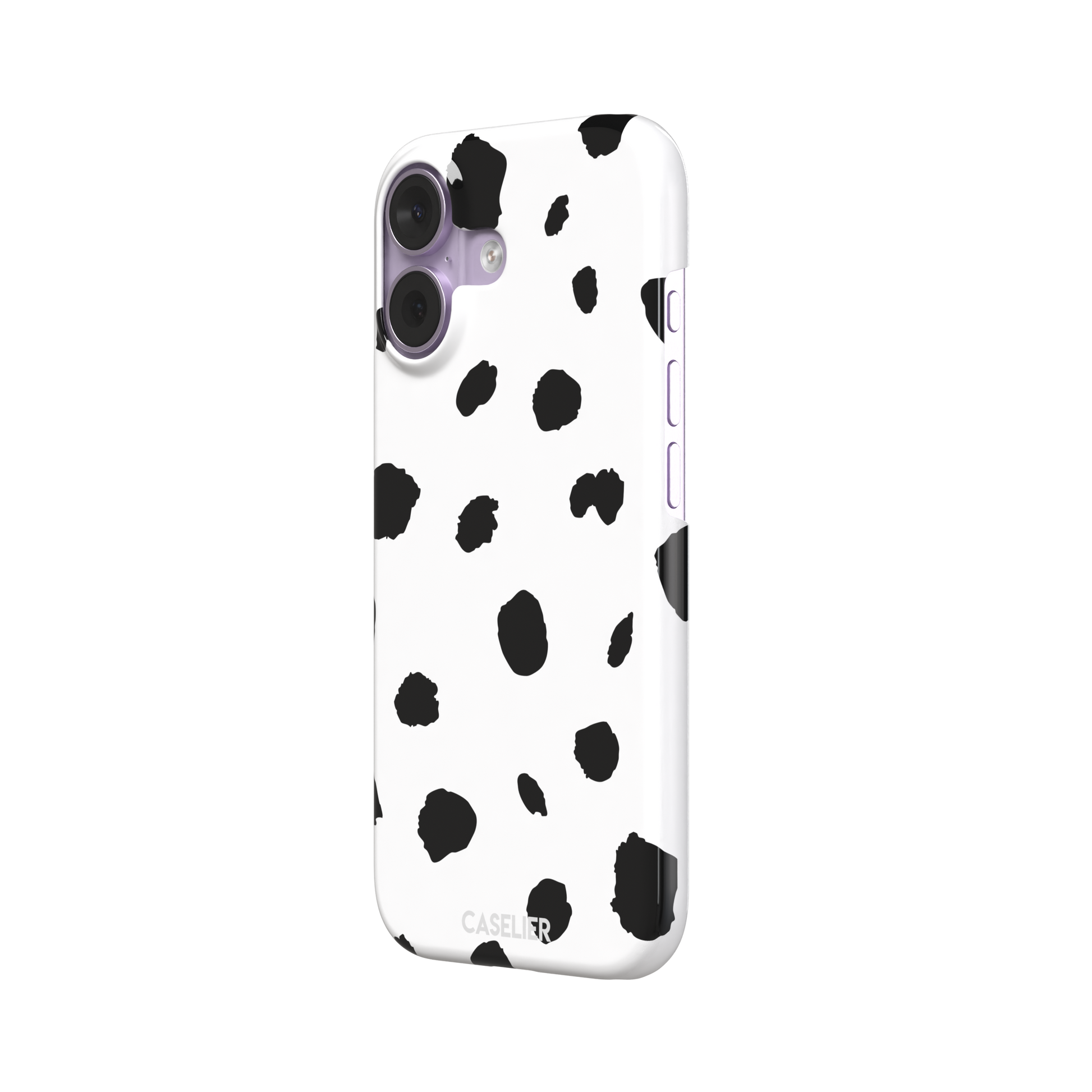 Dalmatian phone case with irregular black spots on a white background, phone case by Caselier — snap case, right view