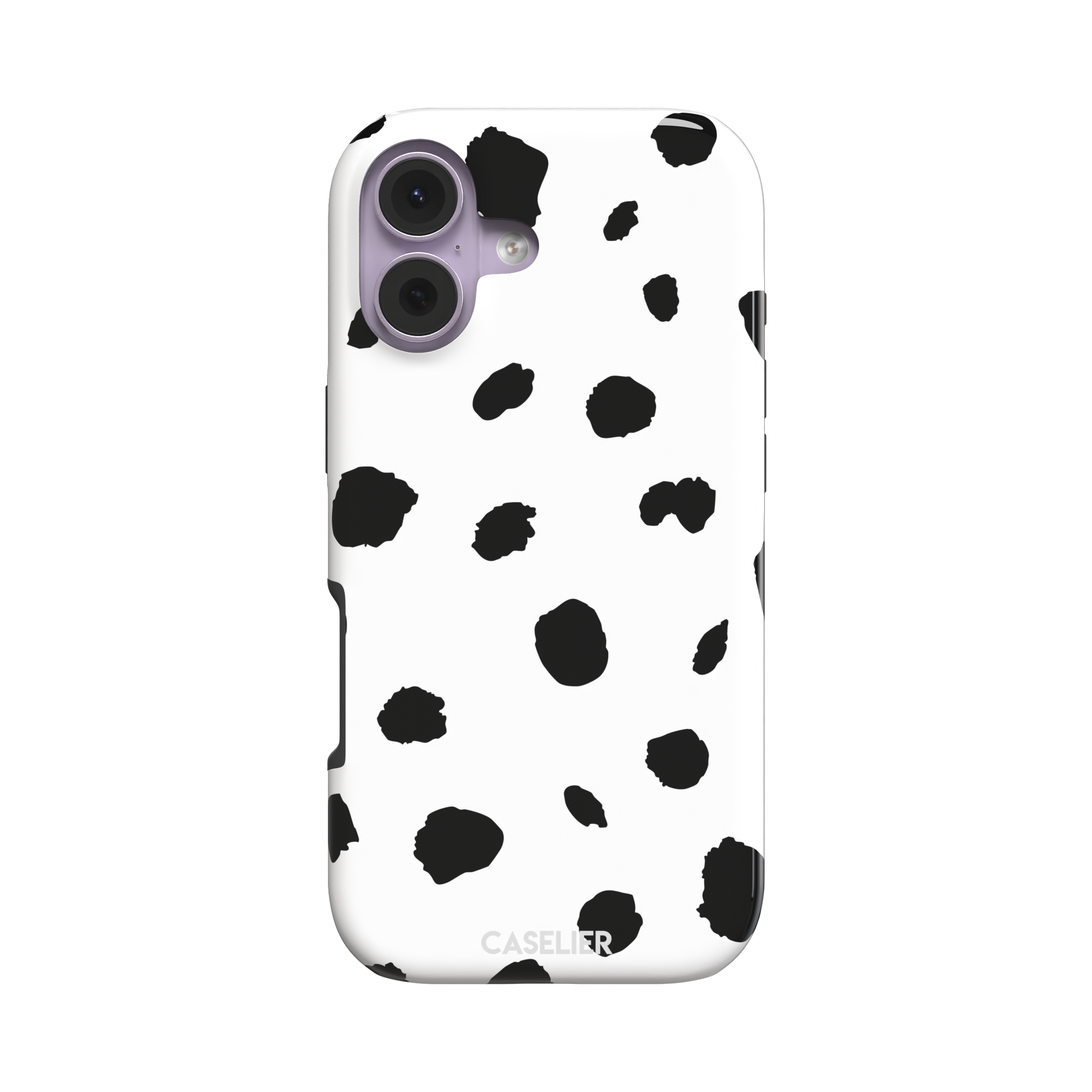 Dalmatian phone case with irregular black spots on a white background, phone case by Caselier — tough case, front view
