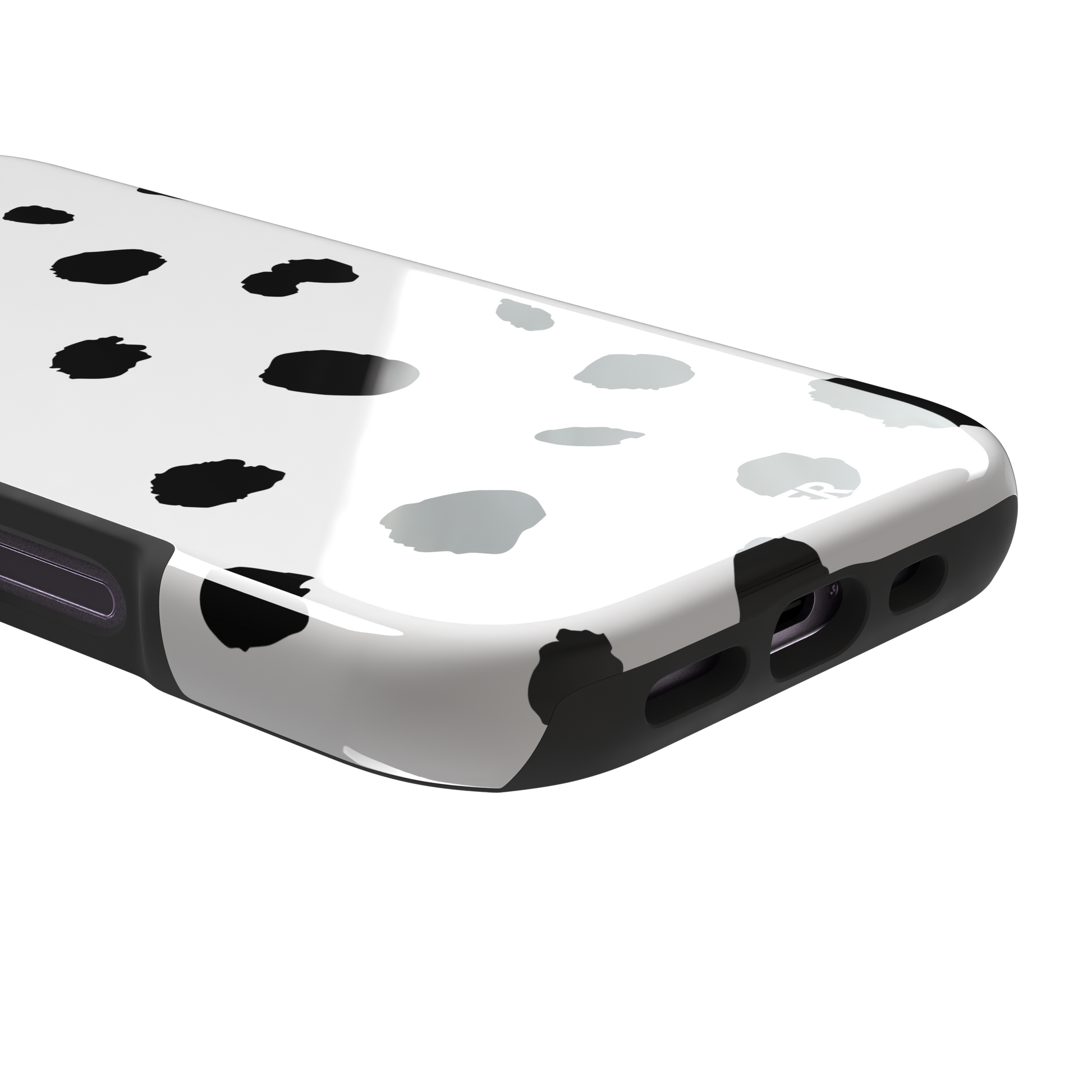 Dalmatian phone case with irregular black spots on a white background, phone case by Caselier — tough case, charging port detail