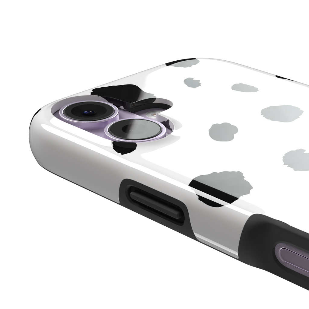 Dalmatian phone case with irregular black spots on a white background, phone case by Caselier — tough case, volume buttons detail