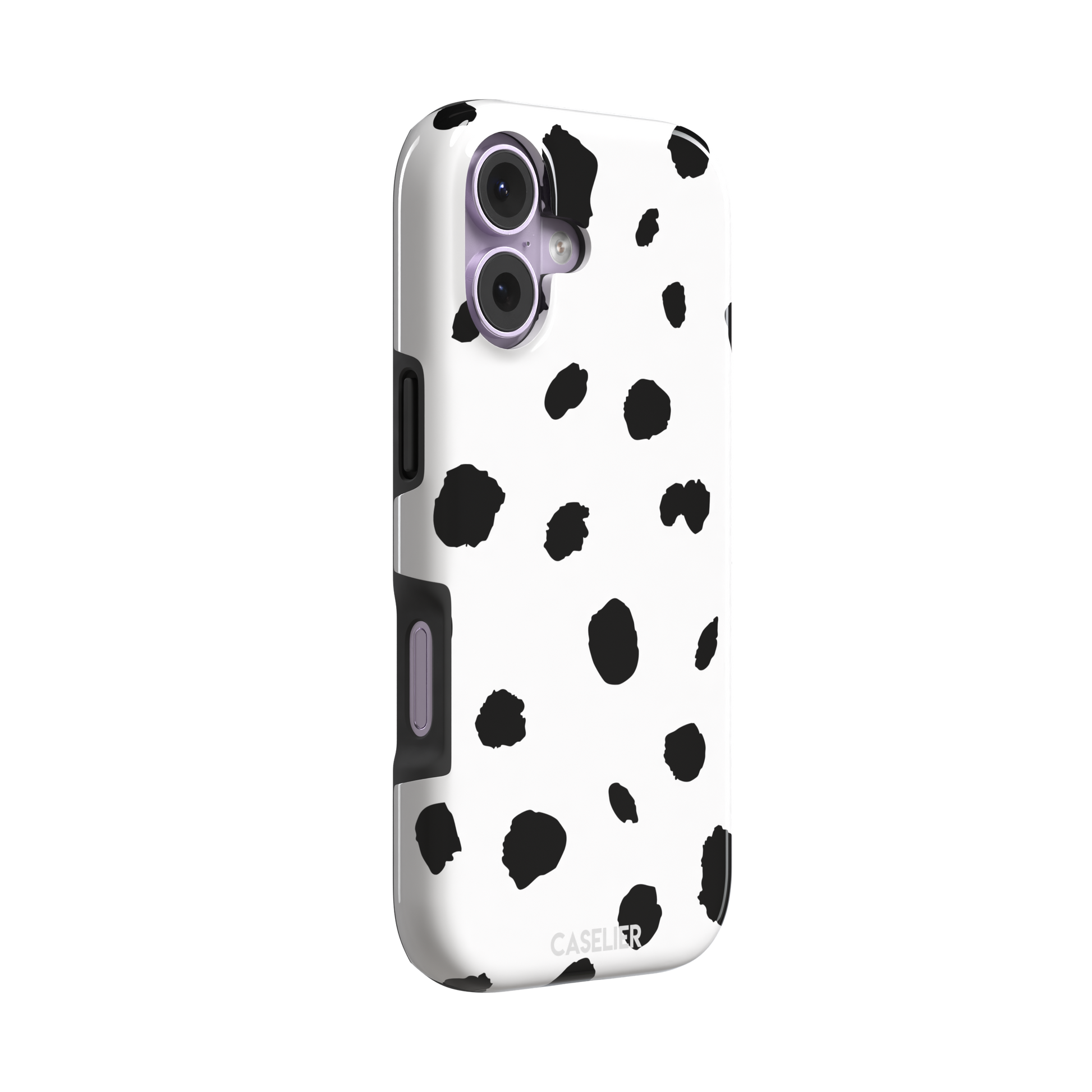 Dalmatian phone case with irregular black spots on a white background, phone case by Caselier — tough case, left view