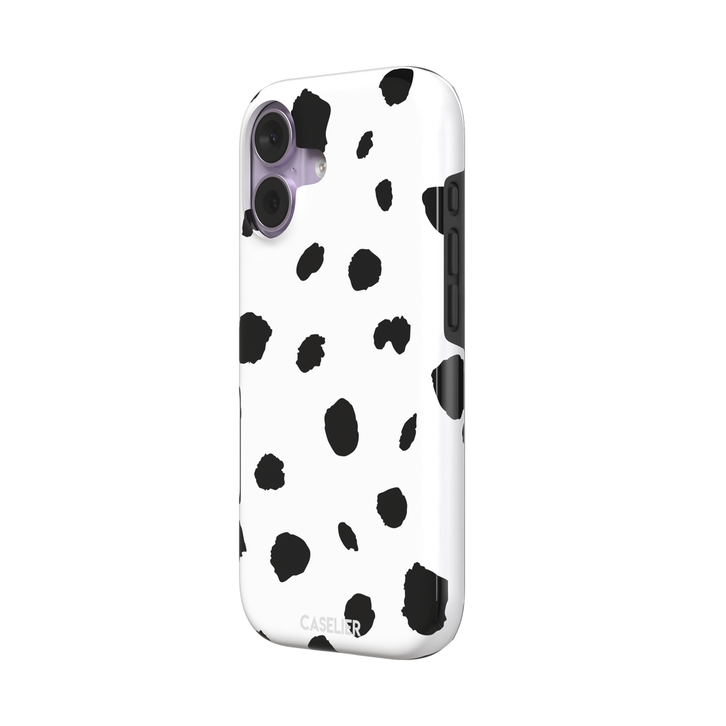 Dalmatian phone case with irregular black spots on a white background, phone case by Caselier — tough case, right view