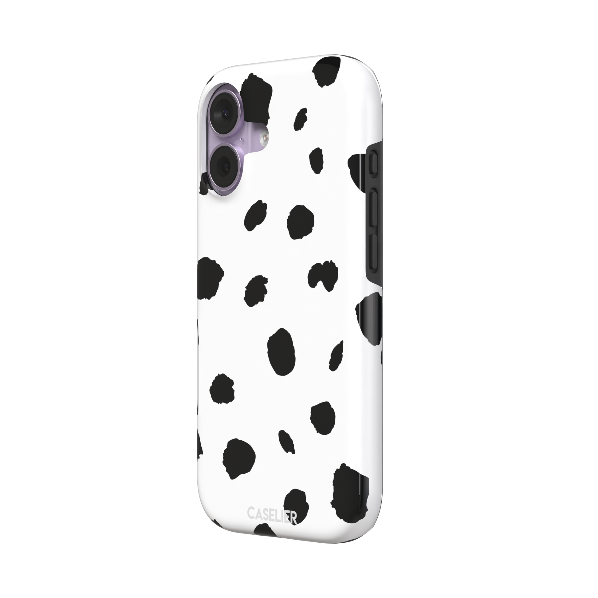 Dalmatian phone case with irregular black spots on a white background, phone case by Caselier — tough case, right view
