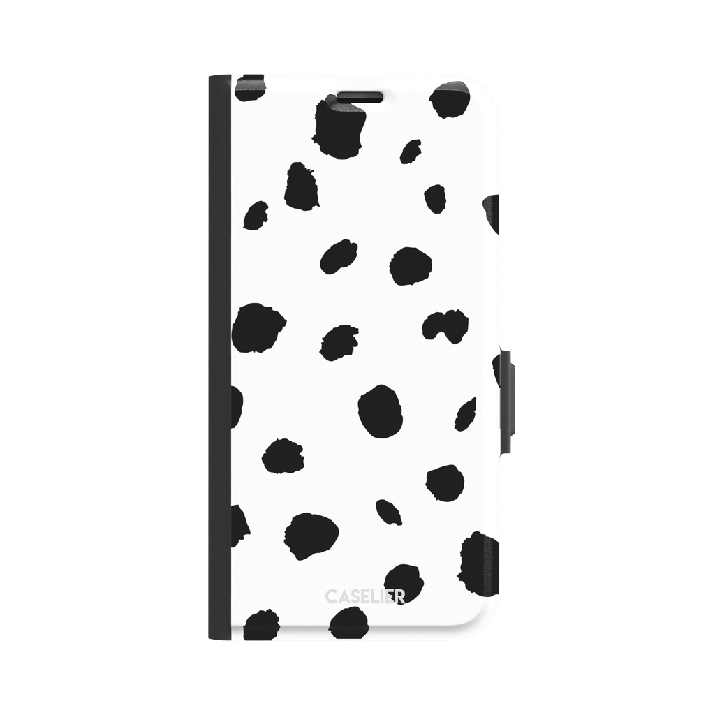 Dalmatian phone case with irregular black spots on a white background, phone case by Caselier — wallet case, front view