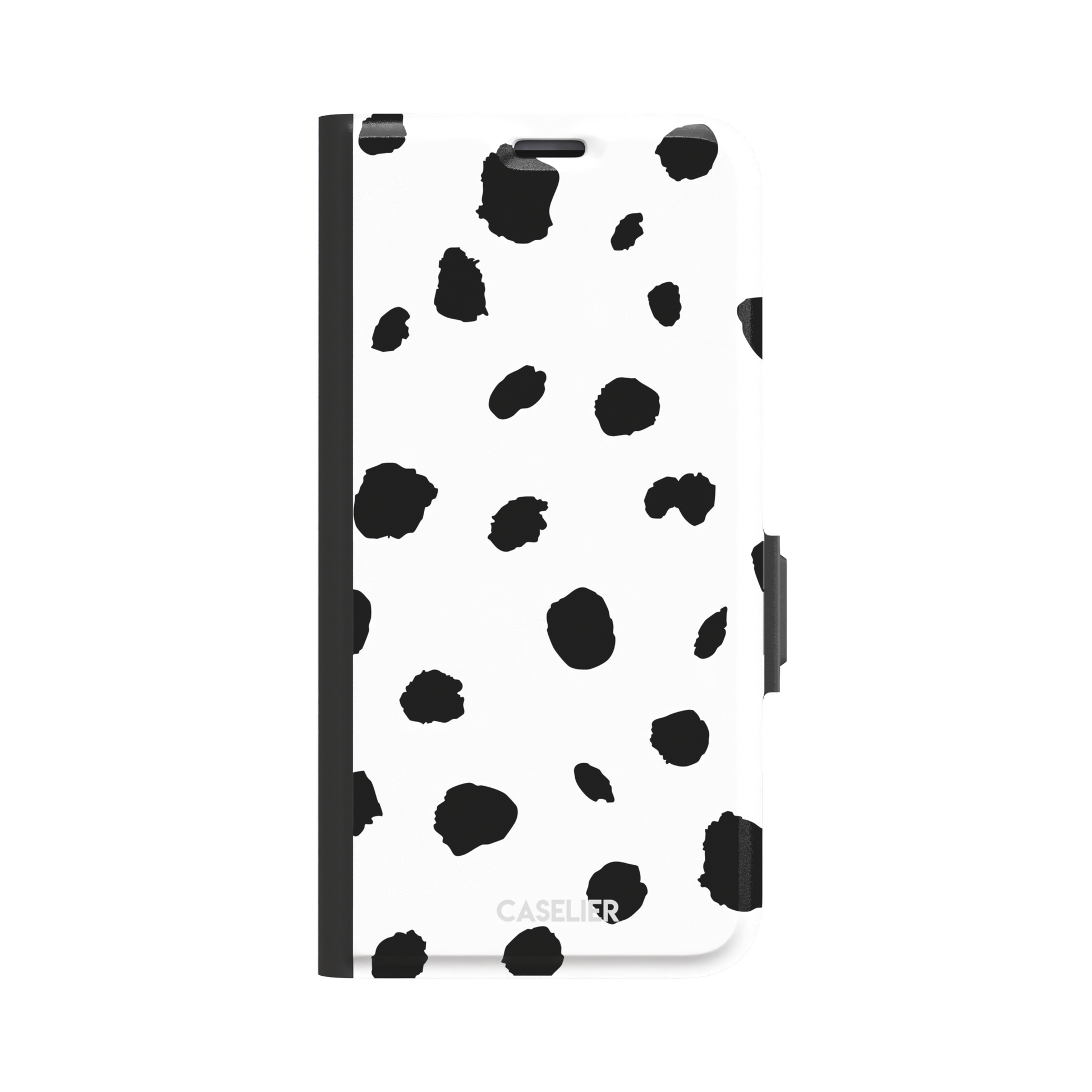 Dalmatian phone case with irregular black spots on a white background, phone case by Caselier — wallet case, front view