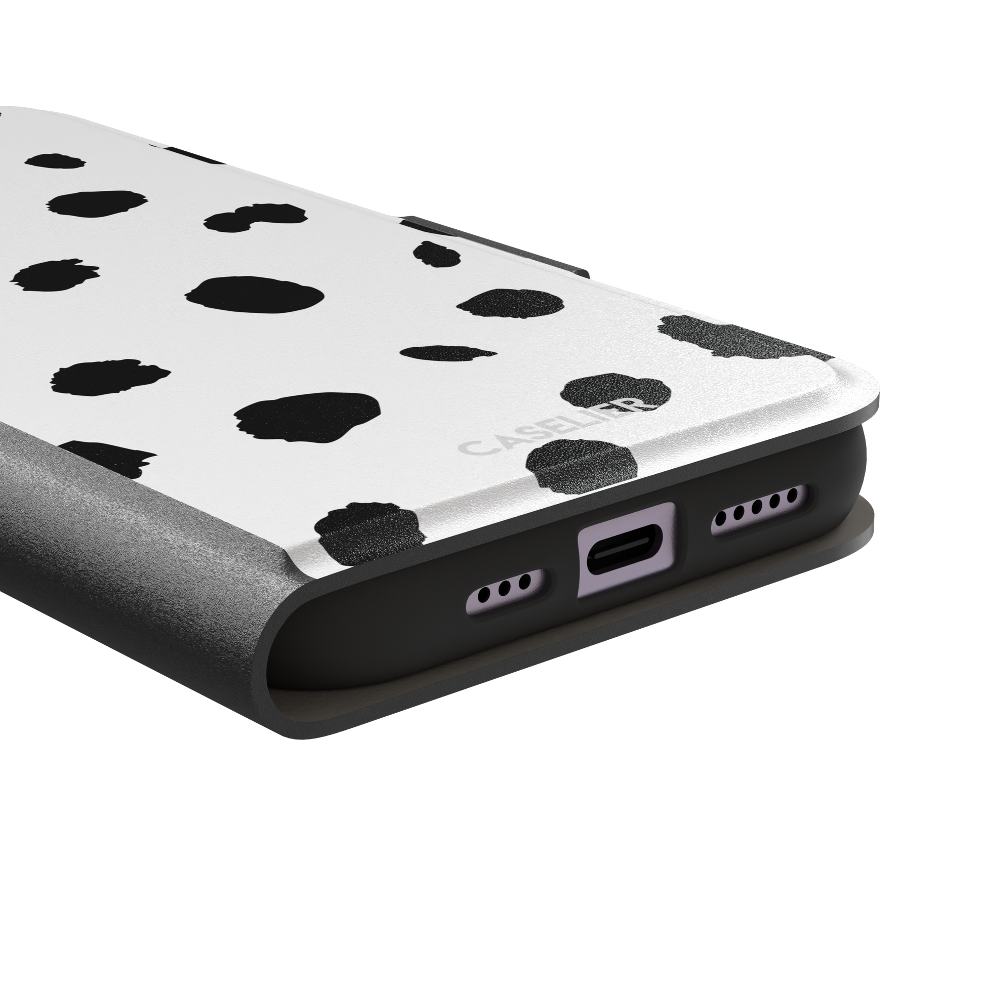 Dalmatian phone case with irregular black spots on a white background, phone case by Caselier — wallet case, charging port detail