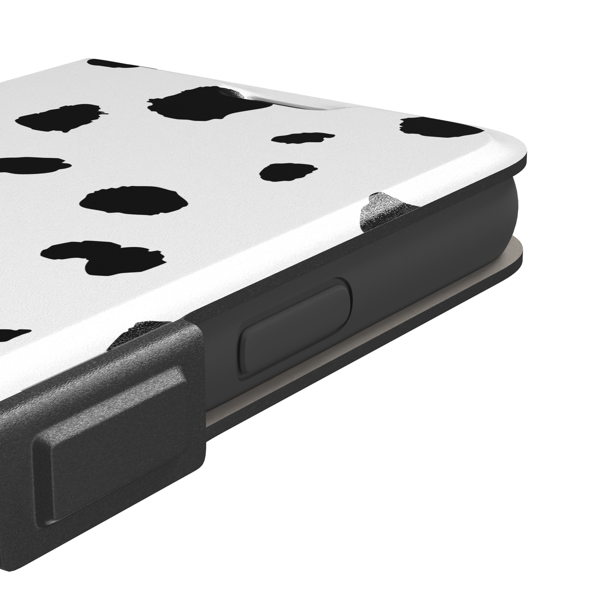 Dalmatian phone case with irregular black spots on a white background, phone case by Caselier — wallet case, volume buttons detail