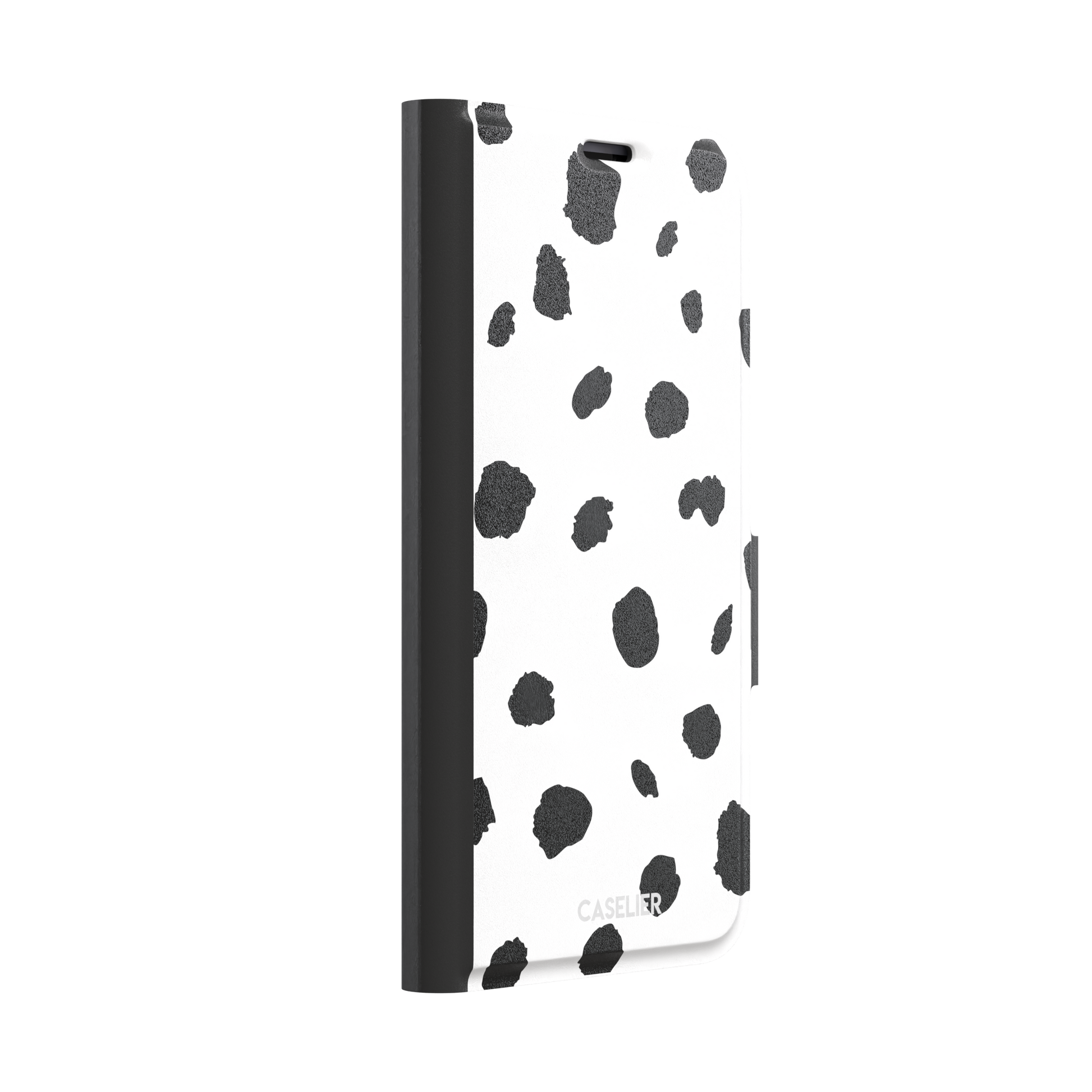 Dalmatian phone case with irregular black spots on a white background, phone case by Caselier — wallet case, left view
