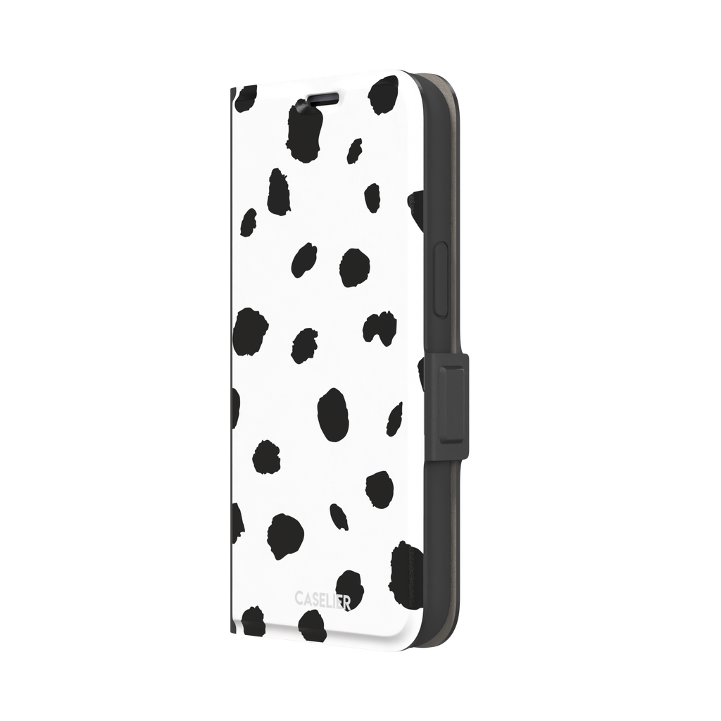 Dalmatian phone case with irregular black spots on a white background, phone case by Caselier — wallet case, right view