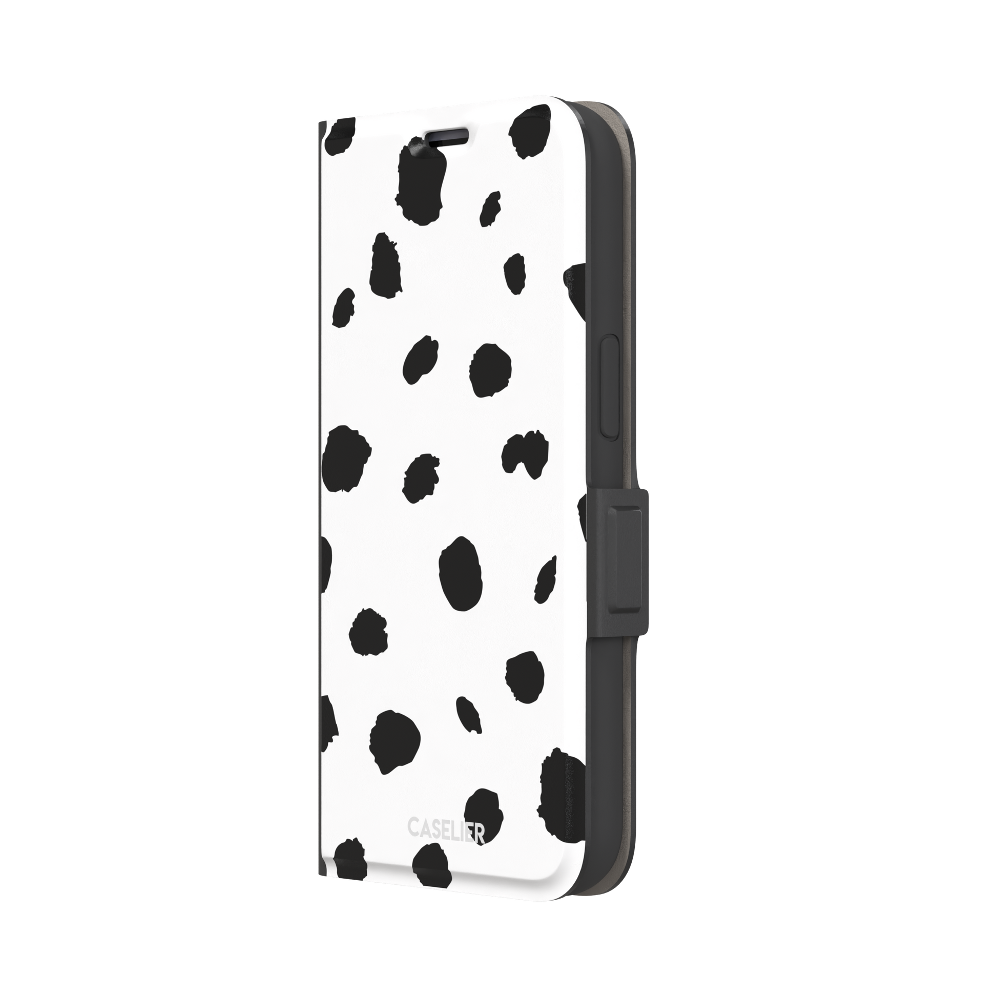 Dalmatian phone case with irregular black spots on a white background, phone case by Caselier — wallet case, right view