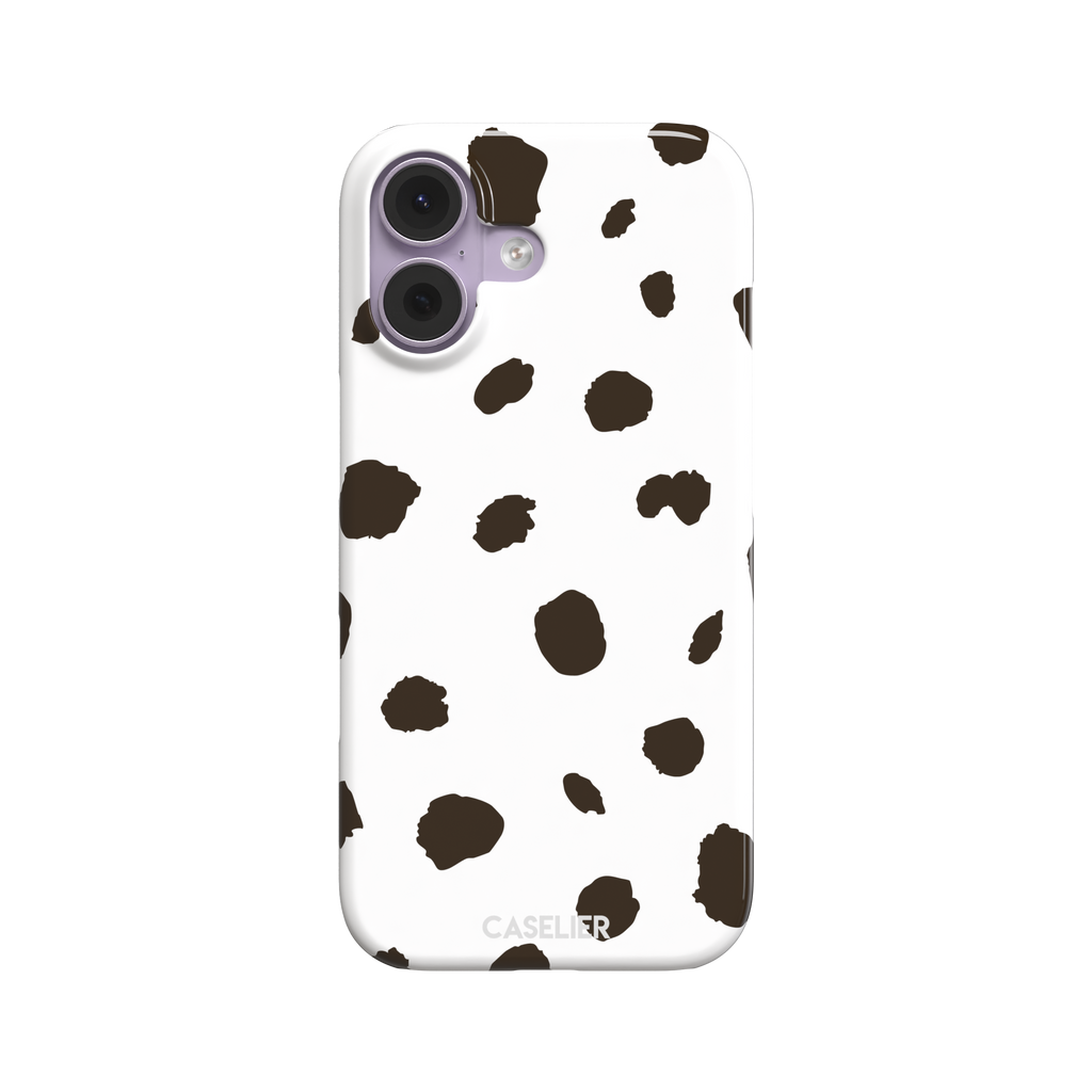 Dalmatian phone case variant with dark brown spots on a white background, phone case by Caselier — snap case, front view
