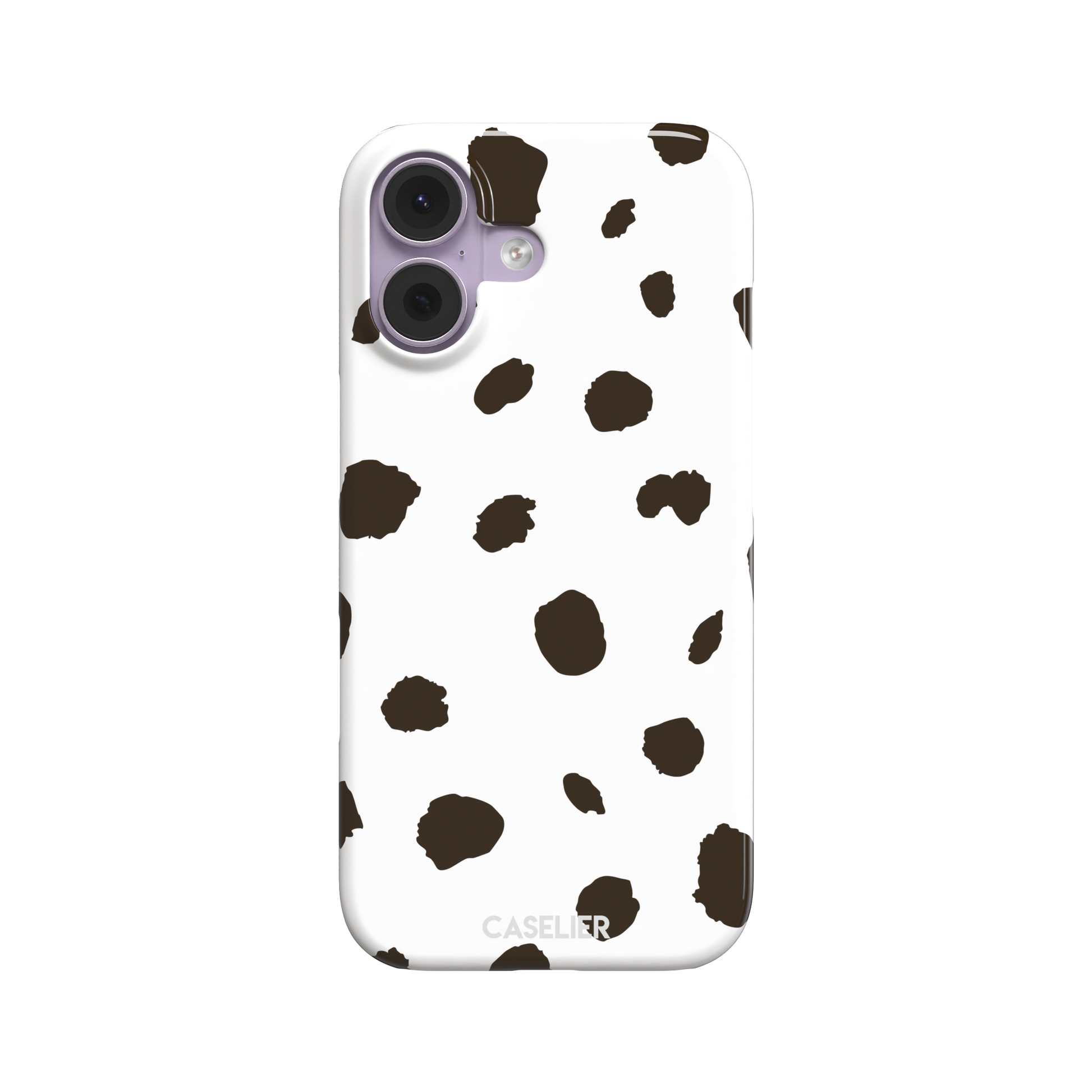 Dalmatian phone case variant with dark brown spots on a white background, phone case by Caselier — snap case, front view