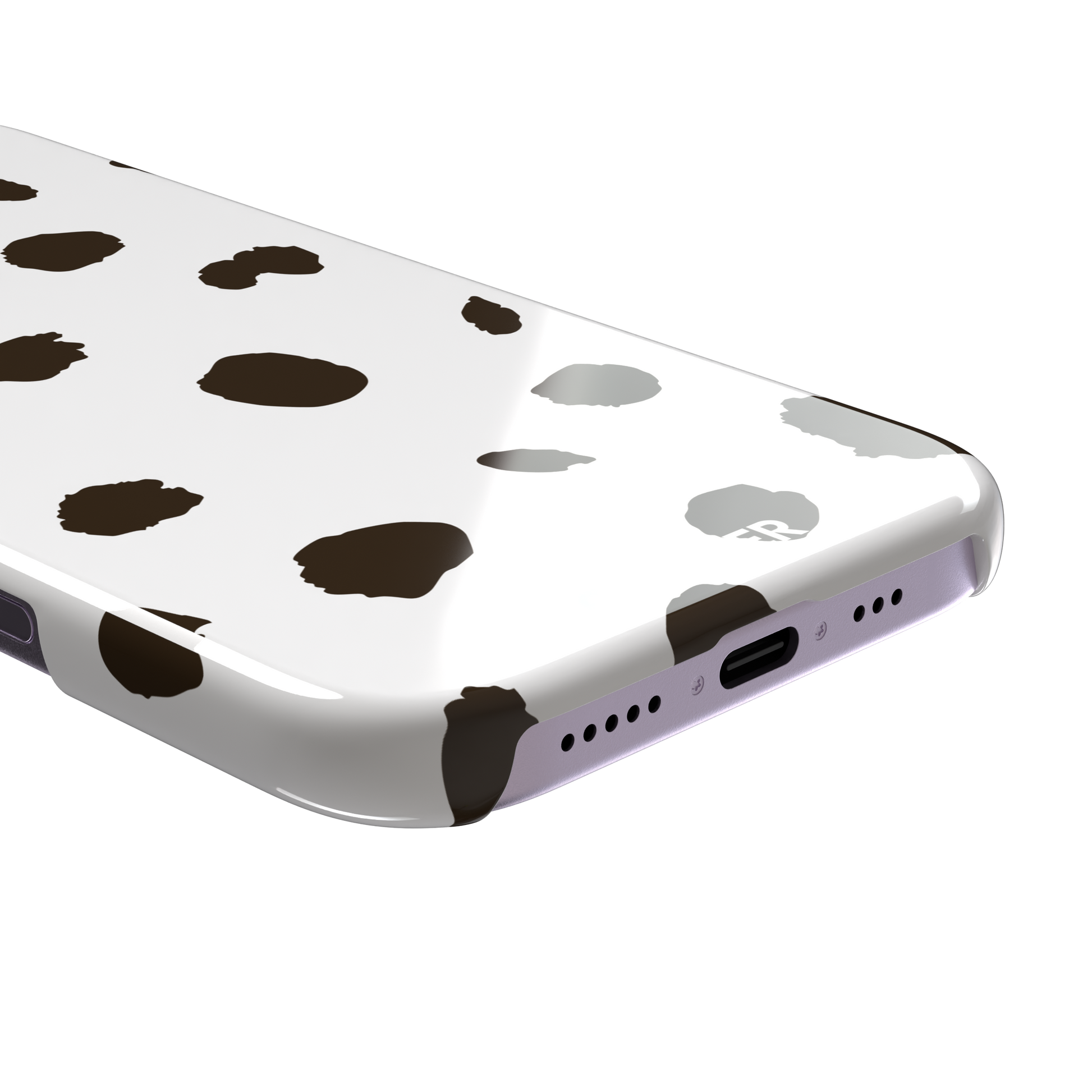 Dalmatian phone case variant with dark brown spots on a white background, phone case by Caselier — snap case, charging port detail