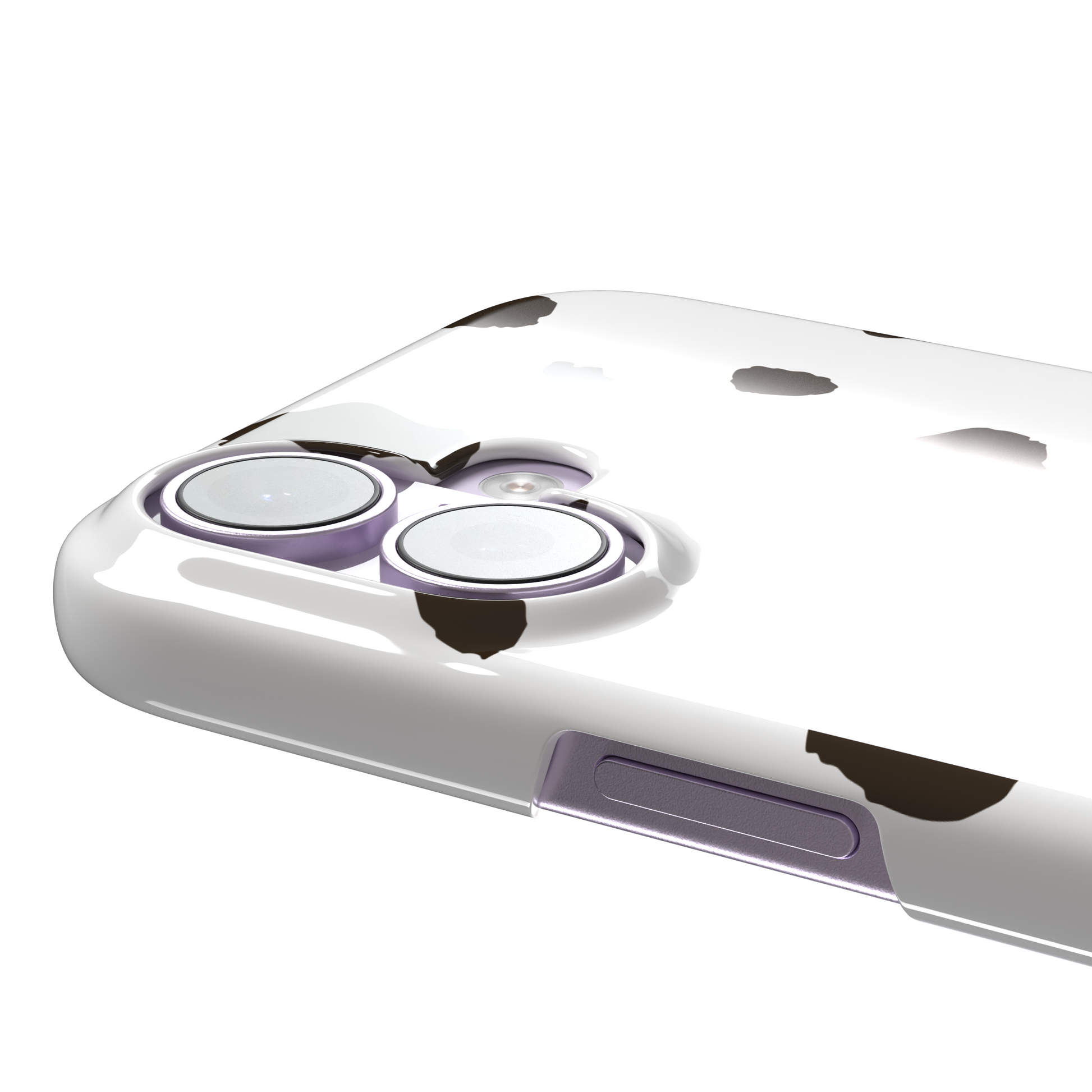 Dalmatian phone case variant with dark brown spots on a white background, phone case by Caselier — snap case, volume buttons detail
