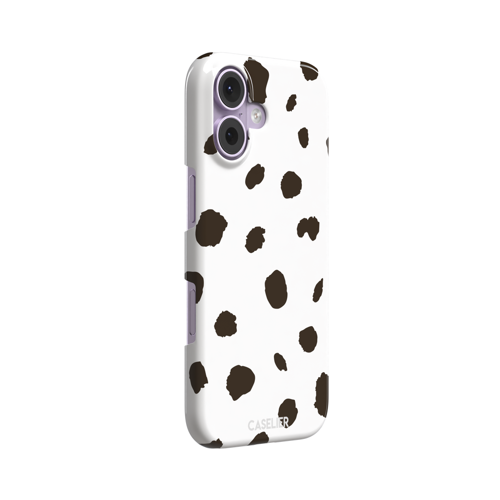 Dalmatian phone case variant with dark brown spots on a white background, phone case by Caselier — snap case, left view