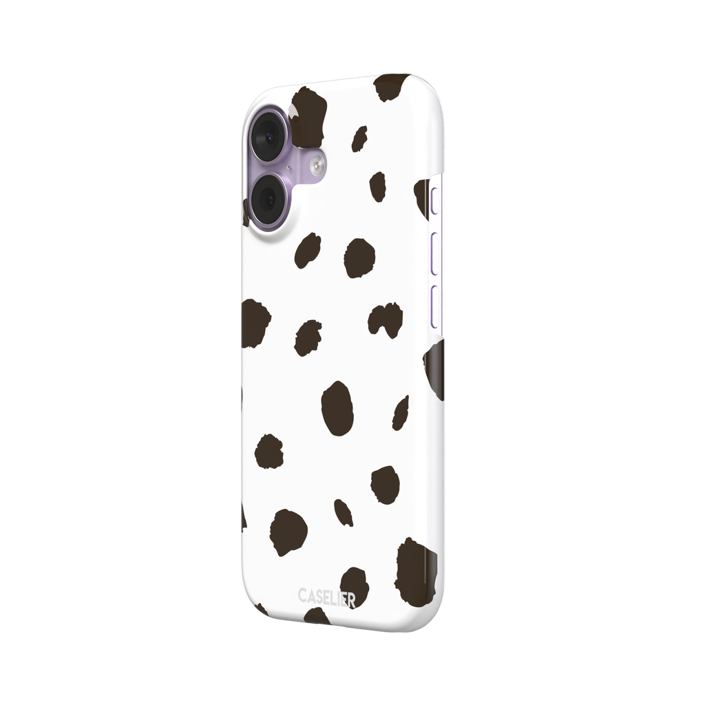 Dalmatian phone case variant with dark brown spots on a white background, phone case by Caselier — snap case, right view