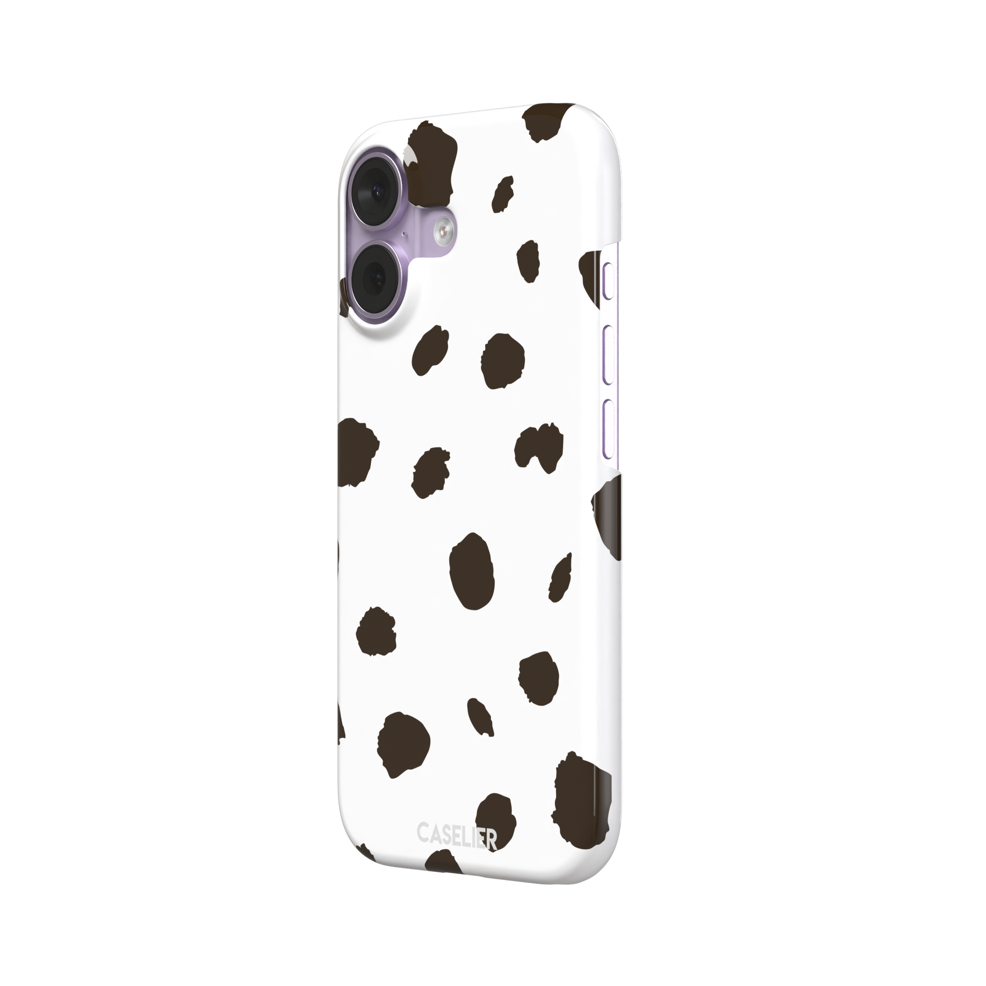 Dalmatian phone case variant with dark brown spots on a white background, phone case by Caselier — snap case, right view