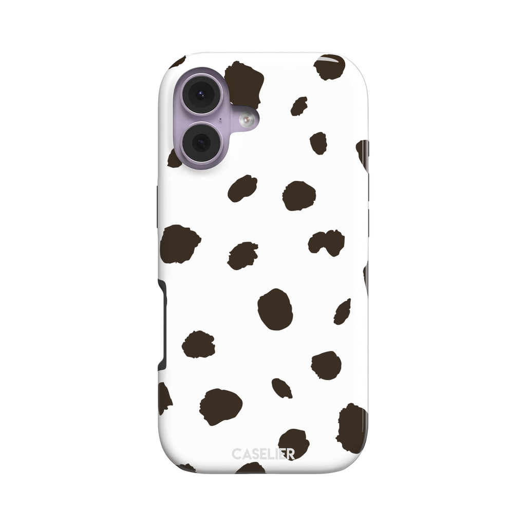 Dalmatian phone case variant with dark brown spots on a white background, phone case by Caselier — tough case, front view