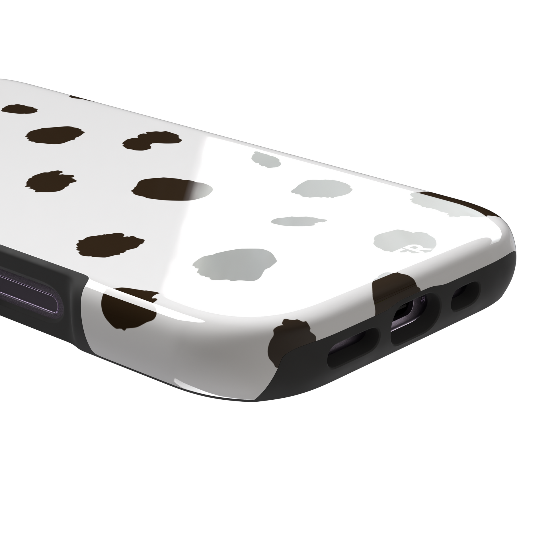 Dalmatian phone case variant with dark brown spots on a white background, phone case by Caselier — tough case, charging port detail