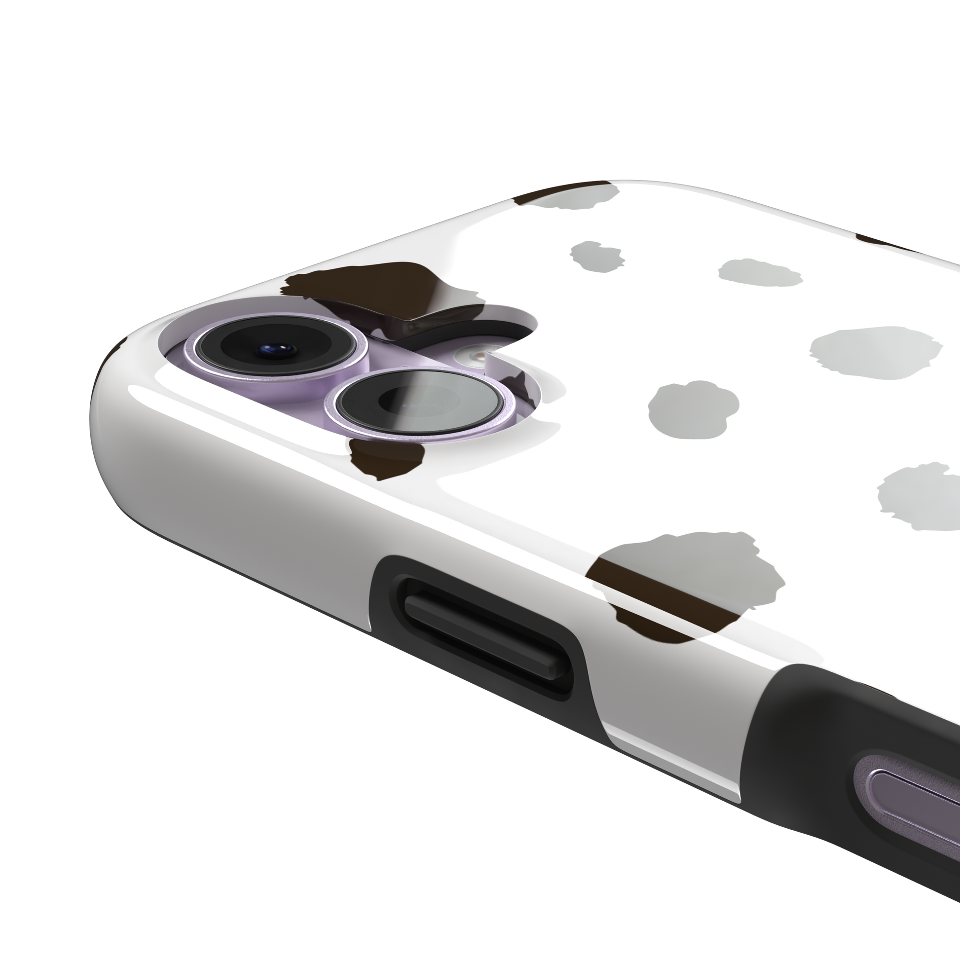 Dalmatian phone case variant with dark brown spots on a white background, phone case by Caselier — tough case, volume buttons detail
