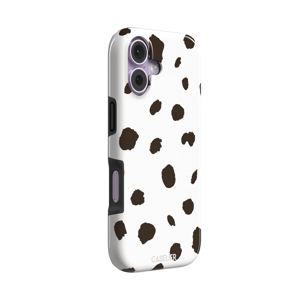 Dalmatian phone case variant with dark brown spots on a white background, phone case by Caselier — tough case, left view
