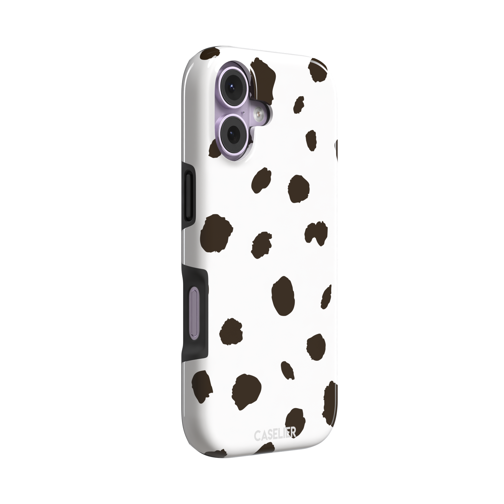 Dalmatian phone case variant with dark brown spots on a white background, phone case by Caselier — tough case, left view