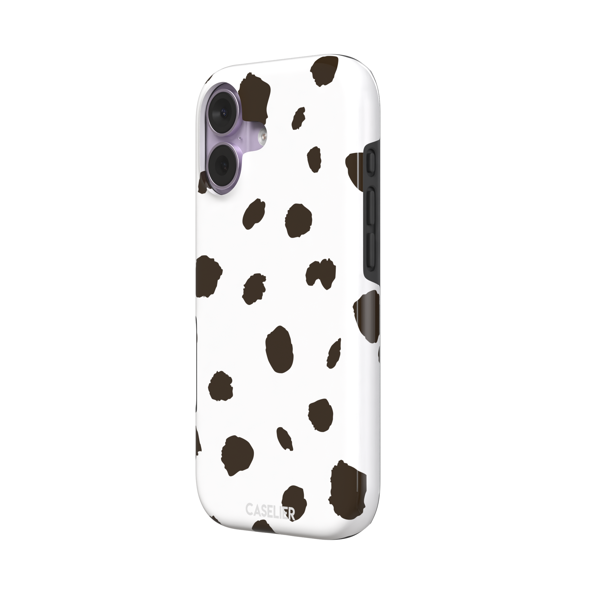 Dalmatian phone case variant with dark brown spots on a white background, phone case by Caselier — tough case, right view