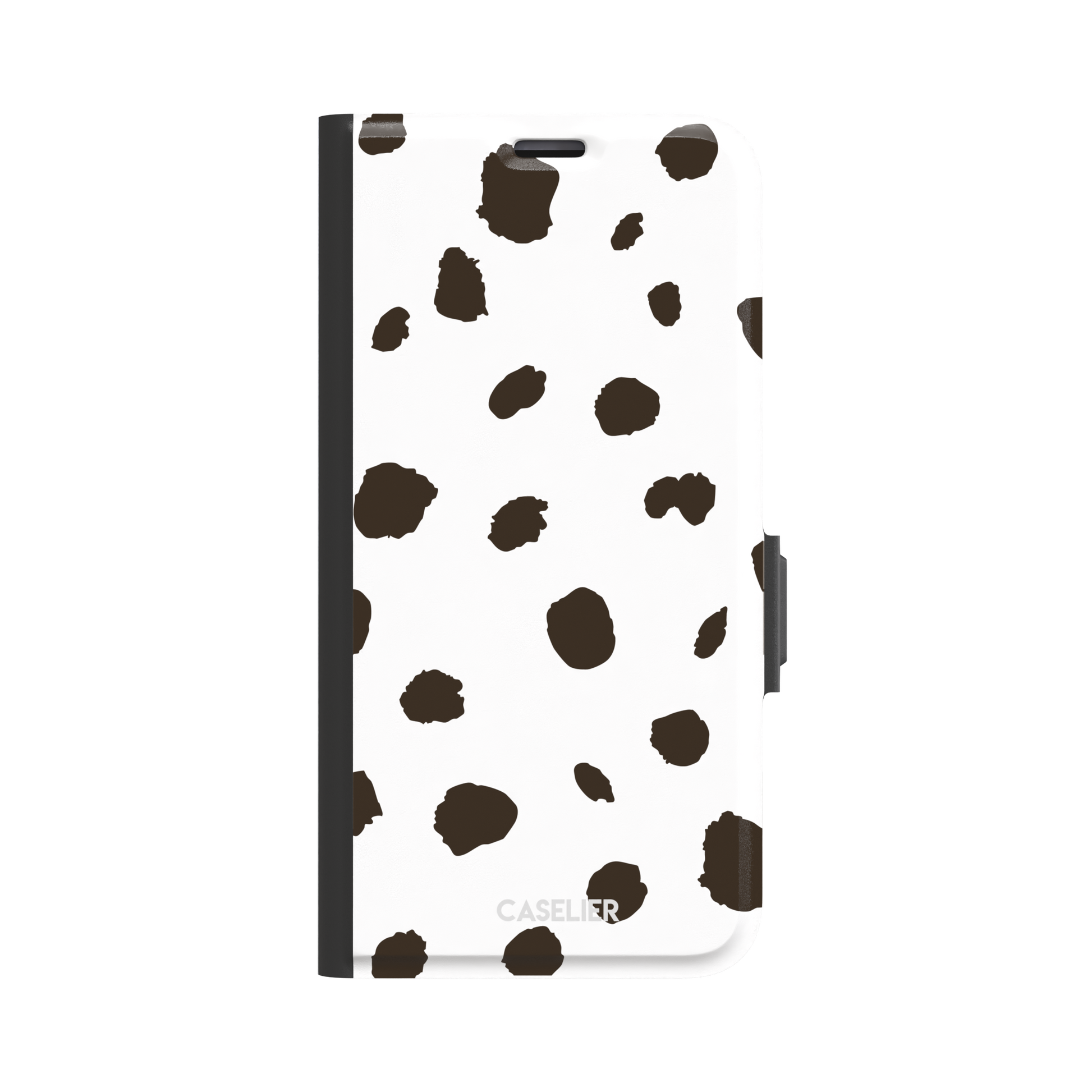 Dalmatian phone case variant with dark brown spots on a white background, phone case by Caselier — wallet case, front view