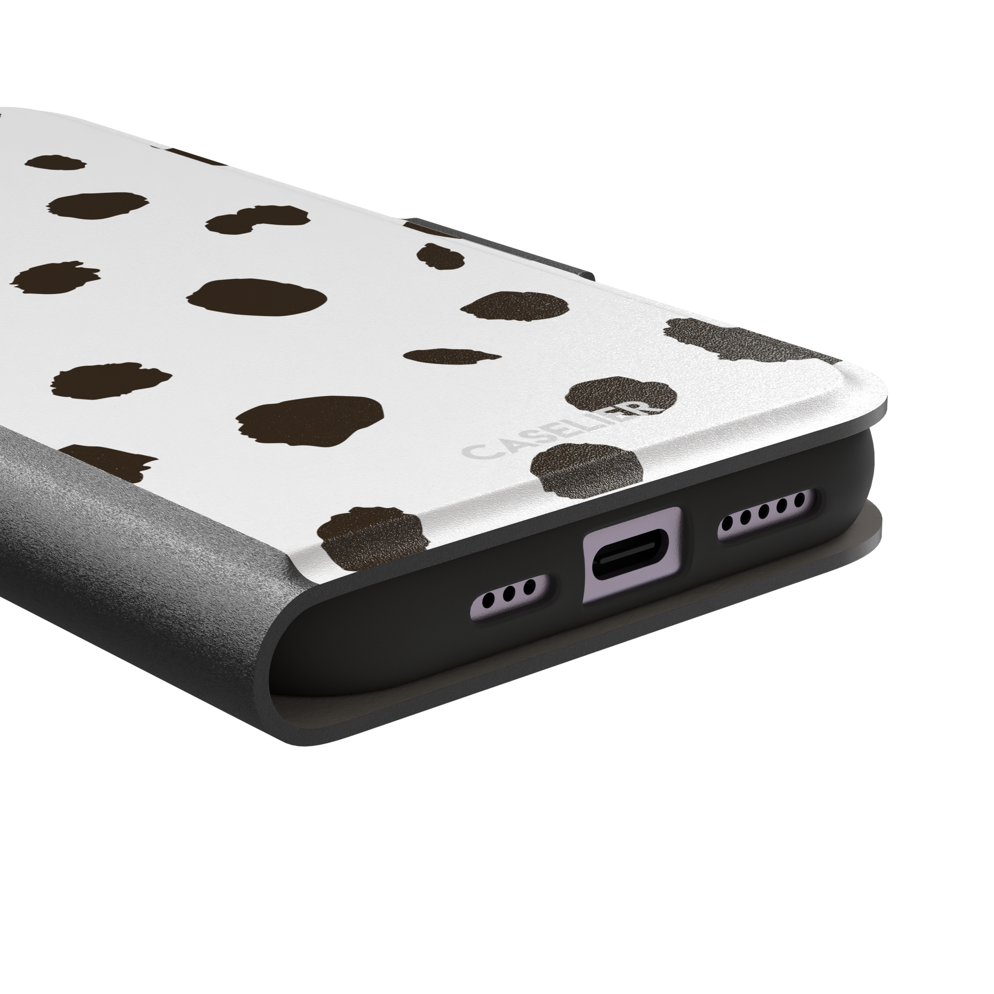 Dalmatian phone case variant with dark brown spots on a white background, phone case by Caselier — wallet case, charging port detail