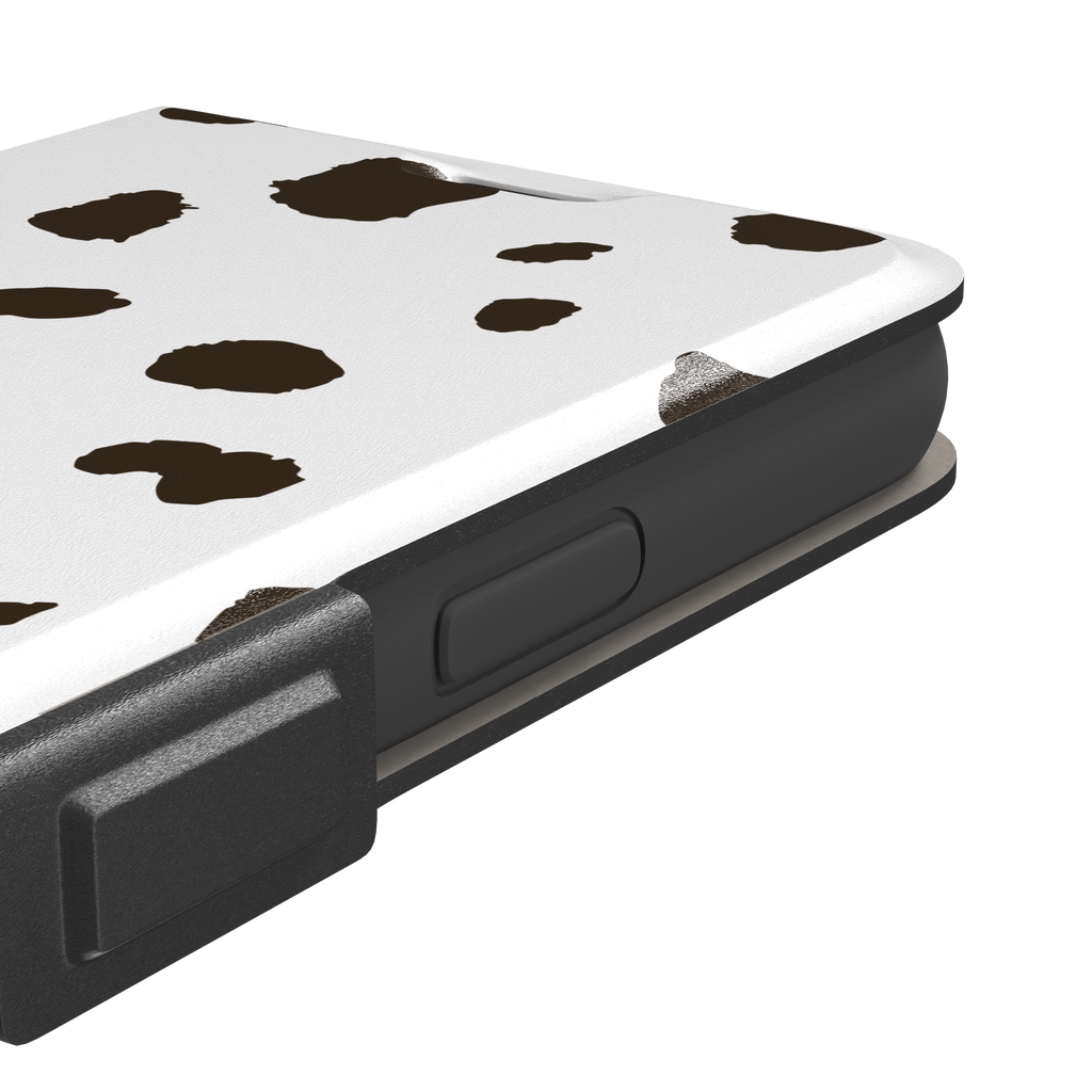 Dalmatian phone case variant with dark brown spots on a white background, phone case by Caselier — wallet case, volume buttons detail