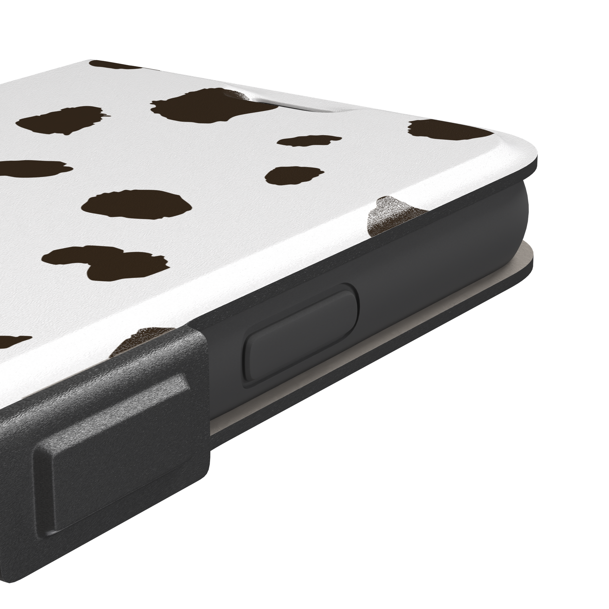 Dalmatian phone case variant with dark brown spots on a white background, phone case by Caselier — wallet case, volume buttons detail