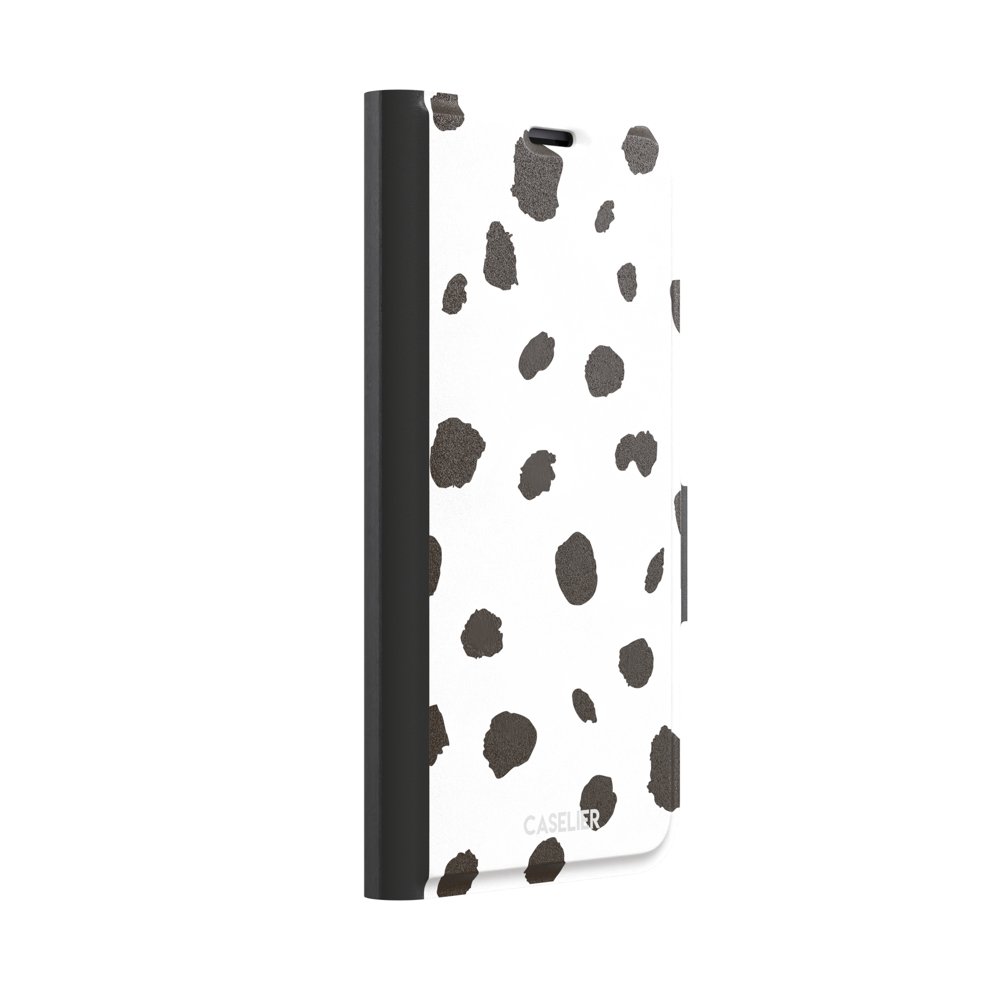 Dalmatian phone case variant with dark brown spots on a white background, phone case by Caselier — wallet case, left view