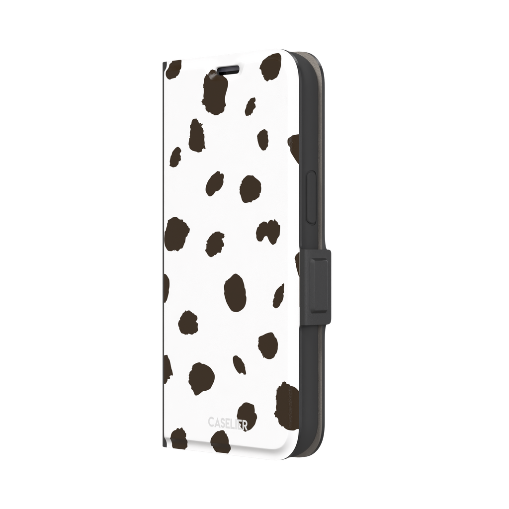 Dalmatian phone case variant with dark brown spots on a white background, phone case by Caselier — wallet case, right view