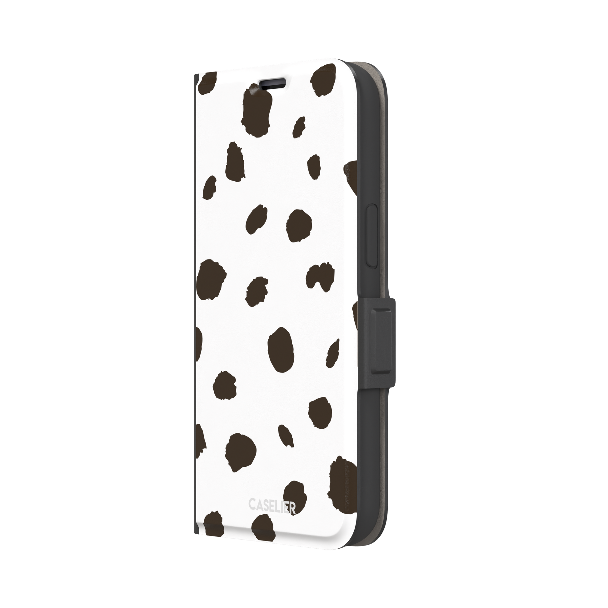 Dalmatian phone case variant with dark brown spots on a white background, phone case by Caselier — wallet case, right view