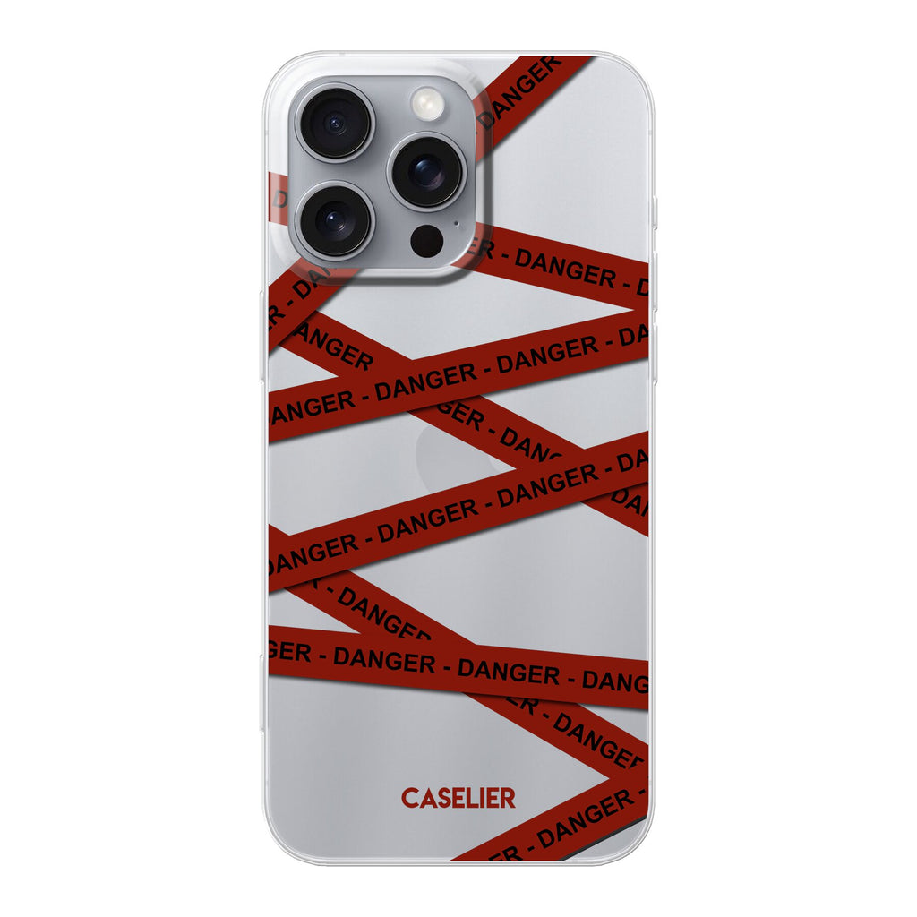 Phone case with red 'DANGER' tape design and 'CASELIER' branding on a clear background