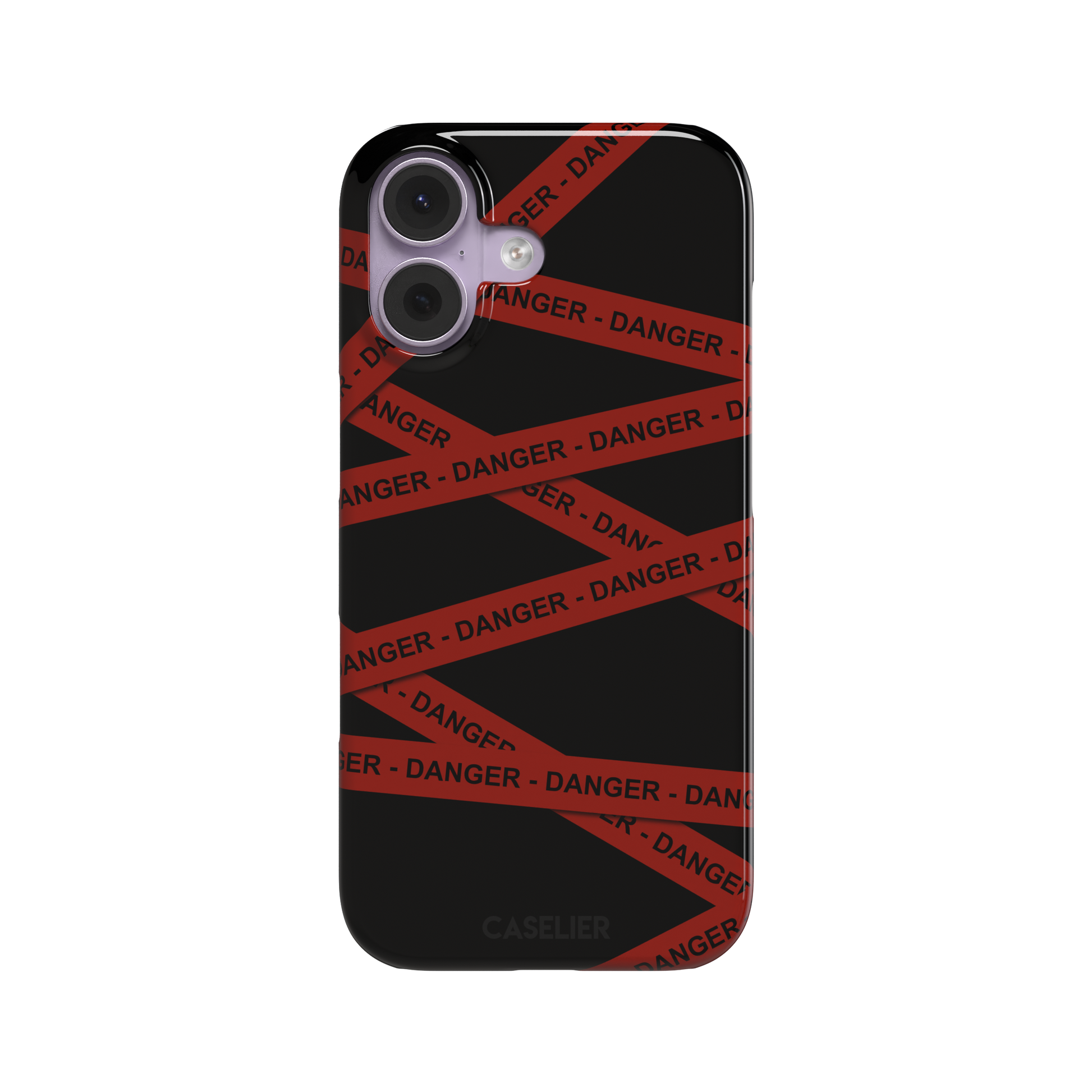 Black phone case with criss-crossing red danger tape strips printed diagonally across the back, featuring bold repeated DANGER text in black lettering — snap case, front view