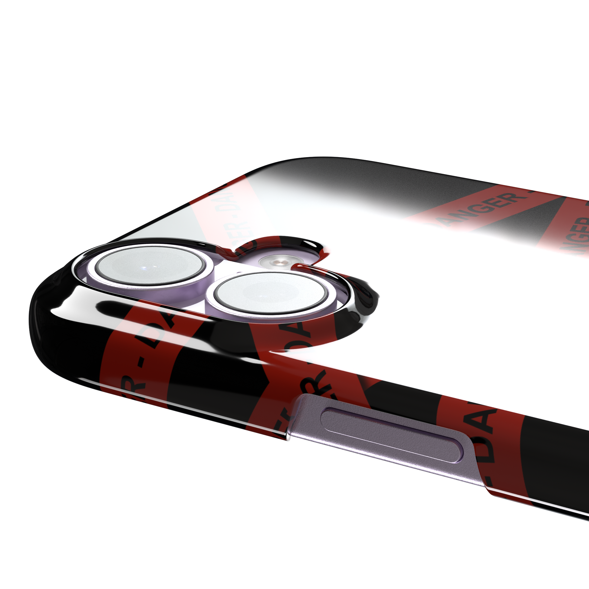 Black phone case with criss-crossing red danger tape strips printed diagonally across the back, featuring bold repeated DANGER text in black lettering — snap case, volume buttons detail