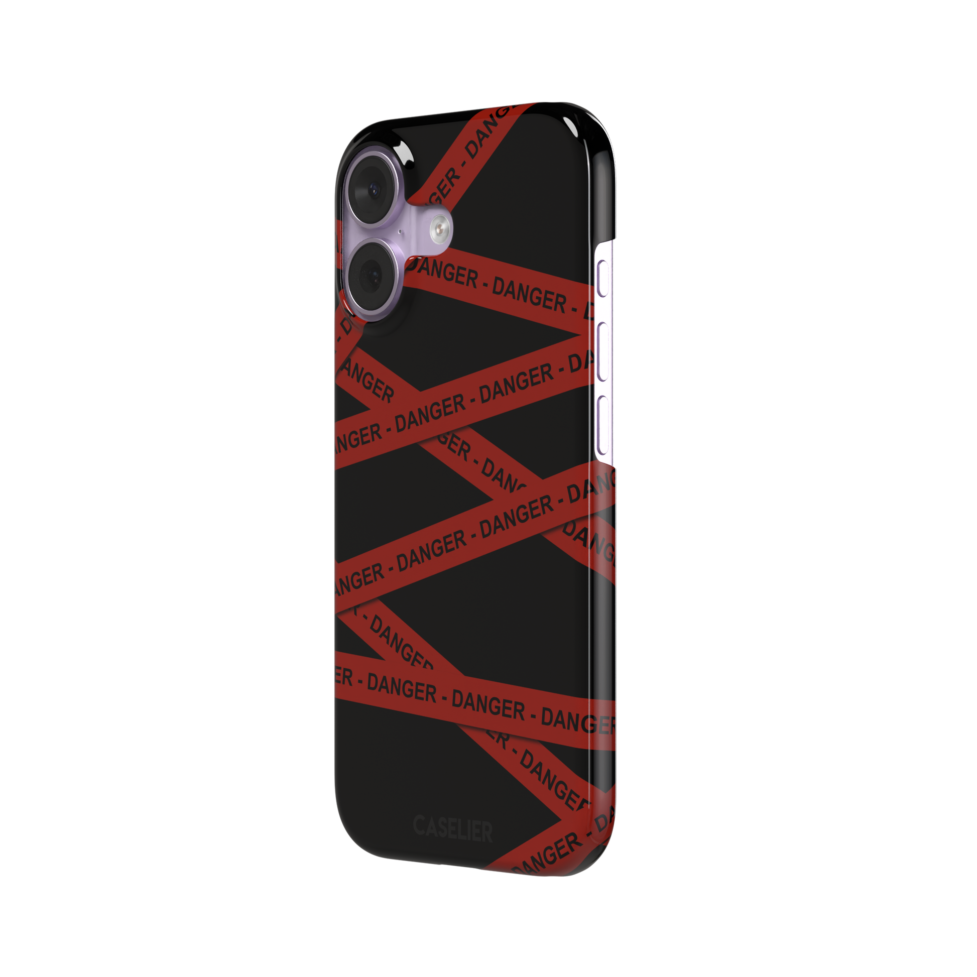 Black phone case with criss-crossing red danger tape strips printed diagonally across the back, featuring bold repeated DANGER text in black lettering — snap case, right view