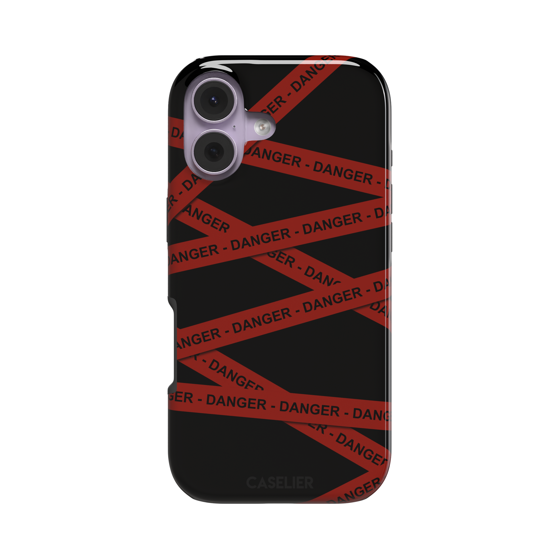Black phone case with criss-crossing red danger tape strips printed diagonally across the back, featuring bold repeated DANGER text in black lettering — tough case, front view