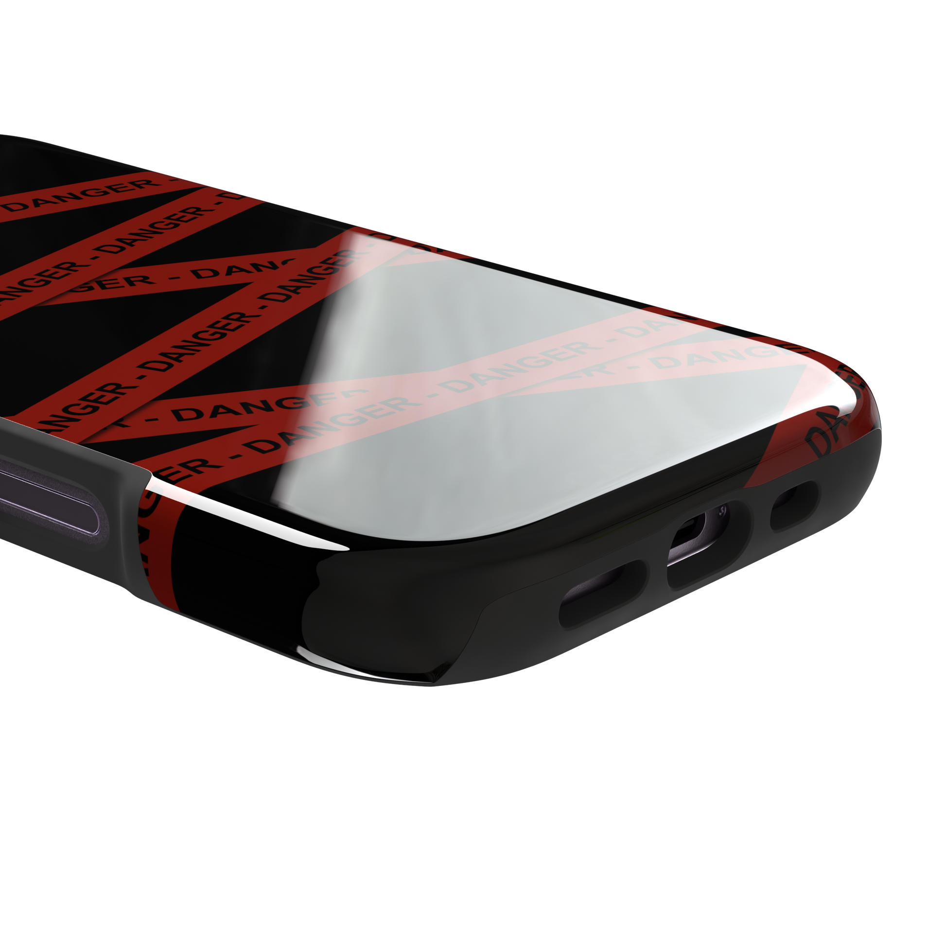 Black phone case with criss-crossing red danger tape strips printed diagonally across the back, featuring bold repeated DANGER text in black lettering — tough case, charging port detail